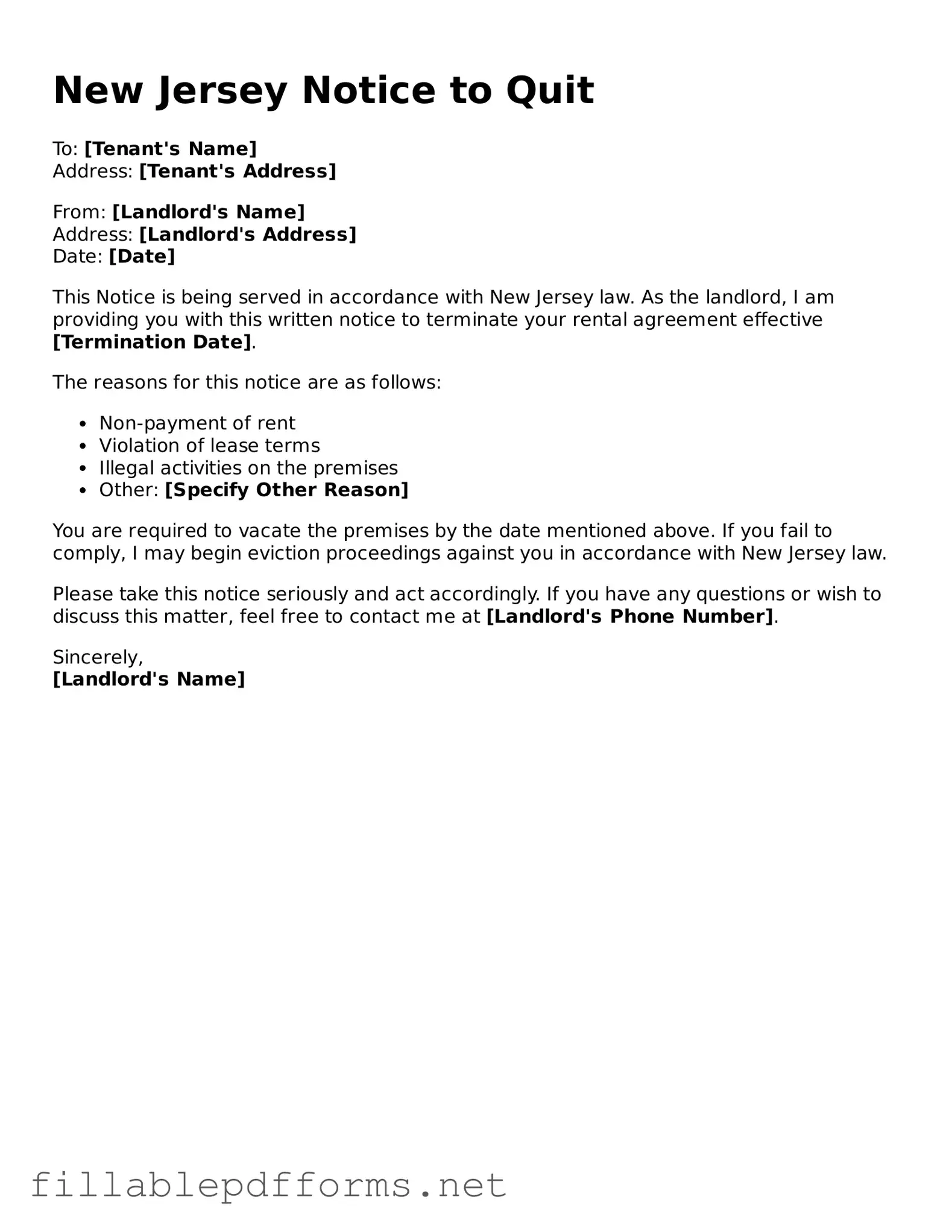 Attorney-Verified Notice to Quit Form for New Jersey State
