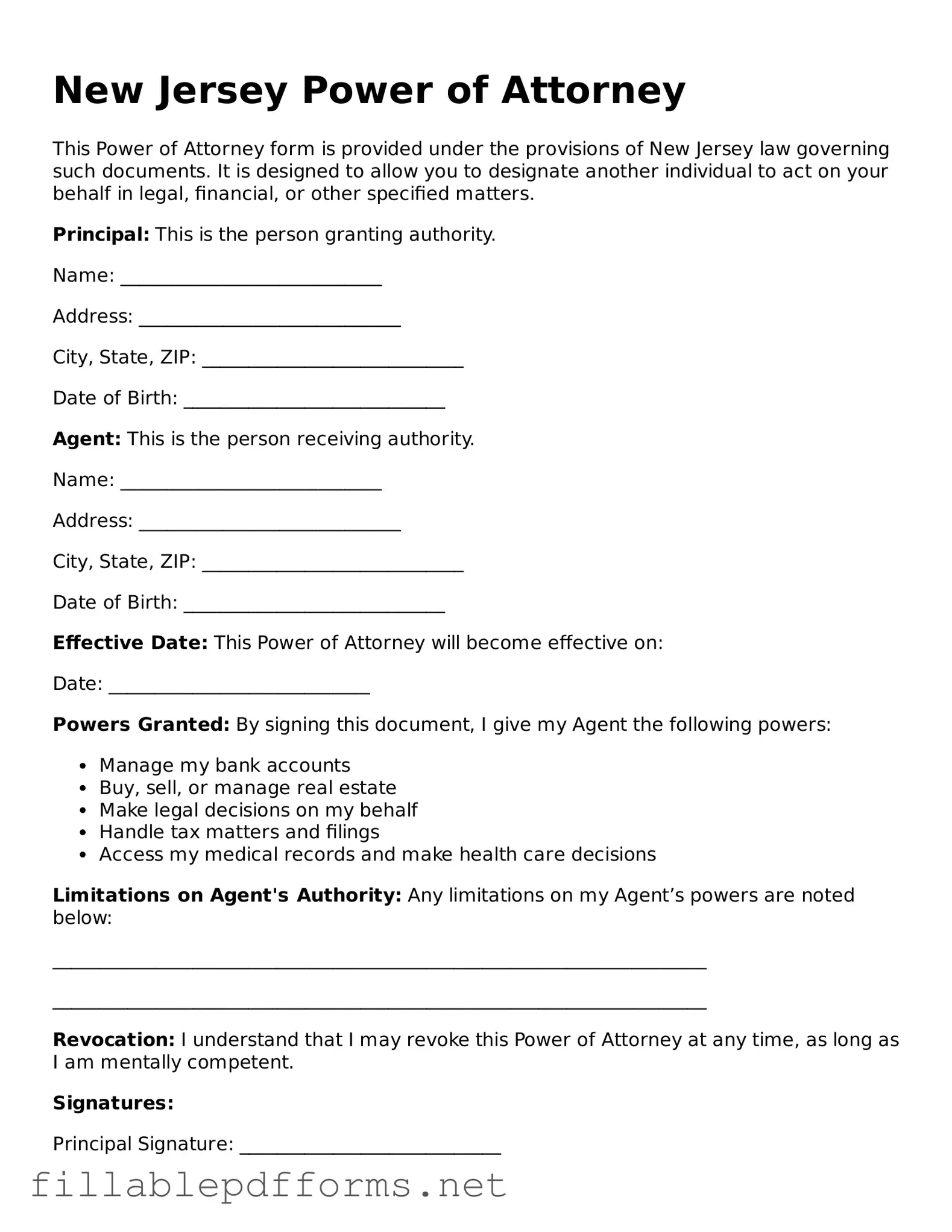 Attorney-Verified Power of Attorney Form for New Jersey State