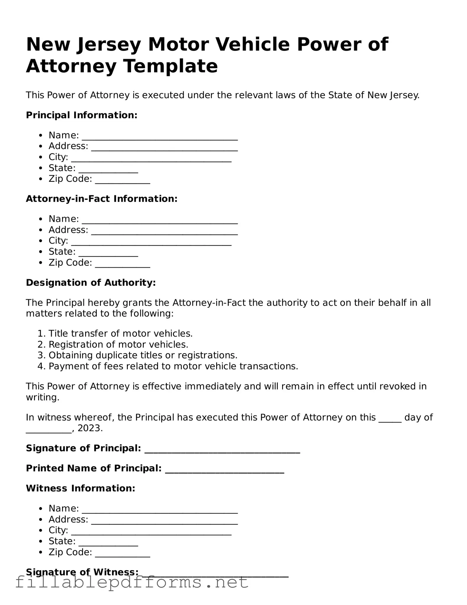 Attorney-Verified Motor Vehicle Power of Attorney Form for New Jersey State