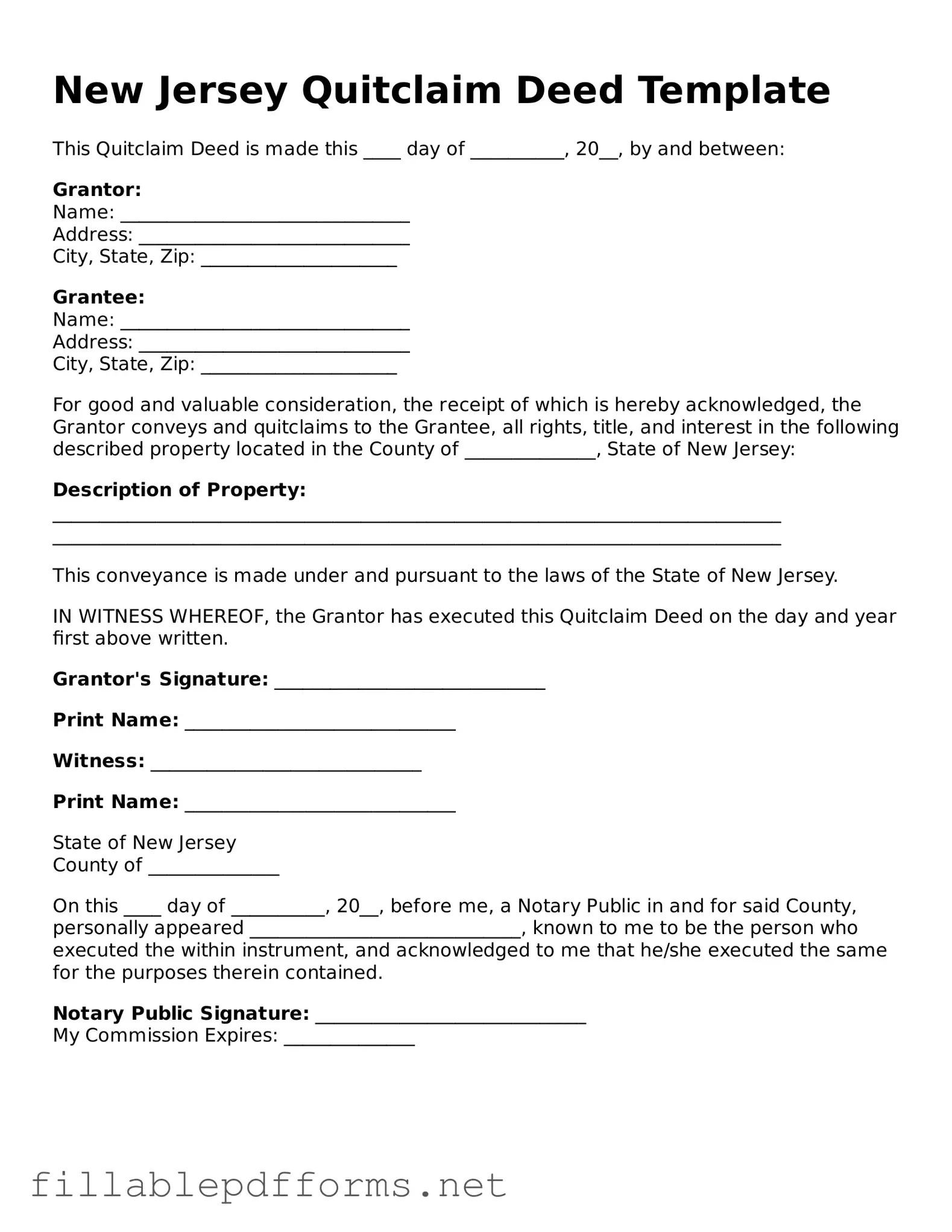 Attorney-Verified Quitclaim Deed Form for New Jersey State