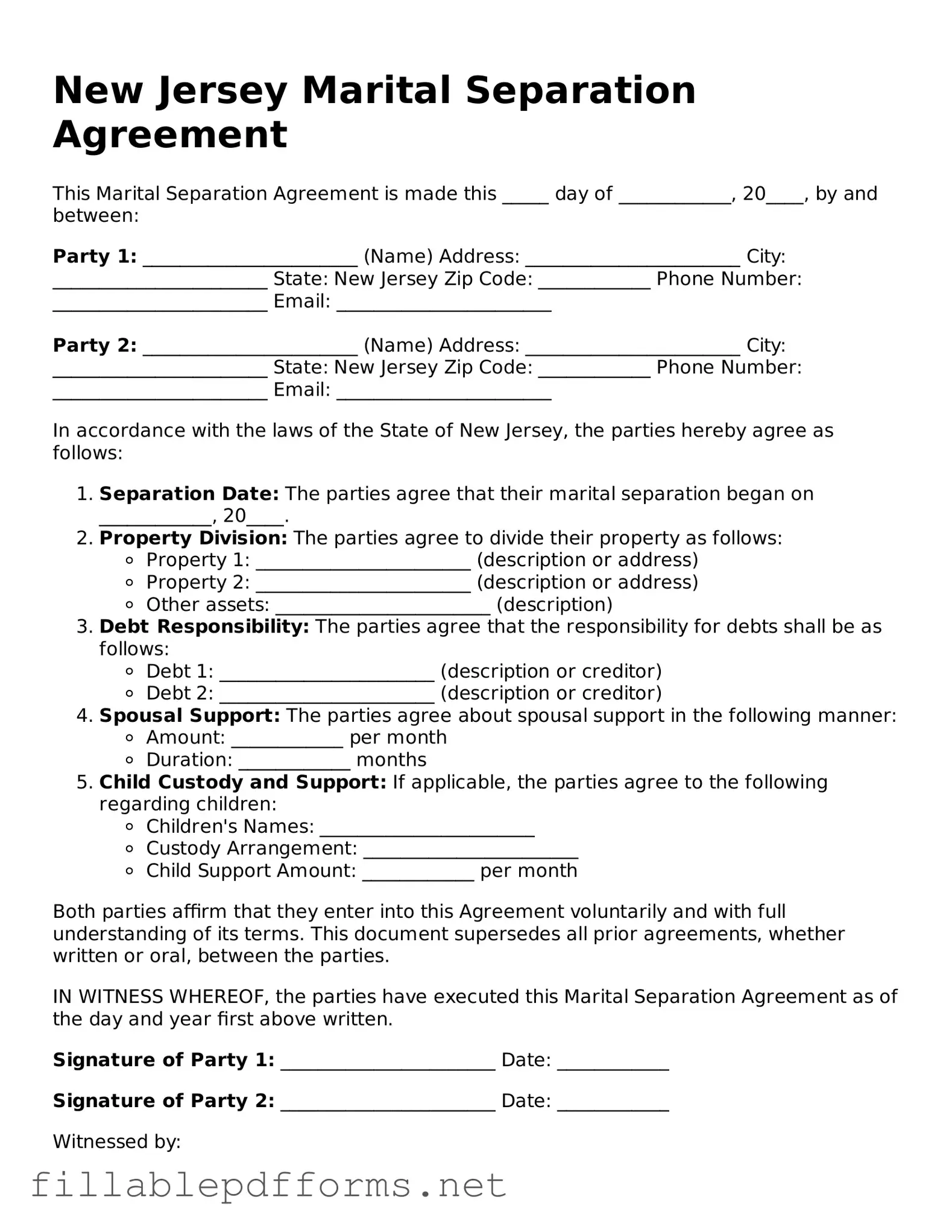 Attorney-Verified Marital Separation Agreement Form for New Jersey State