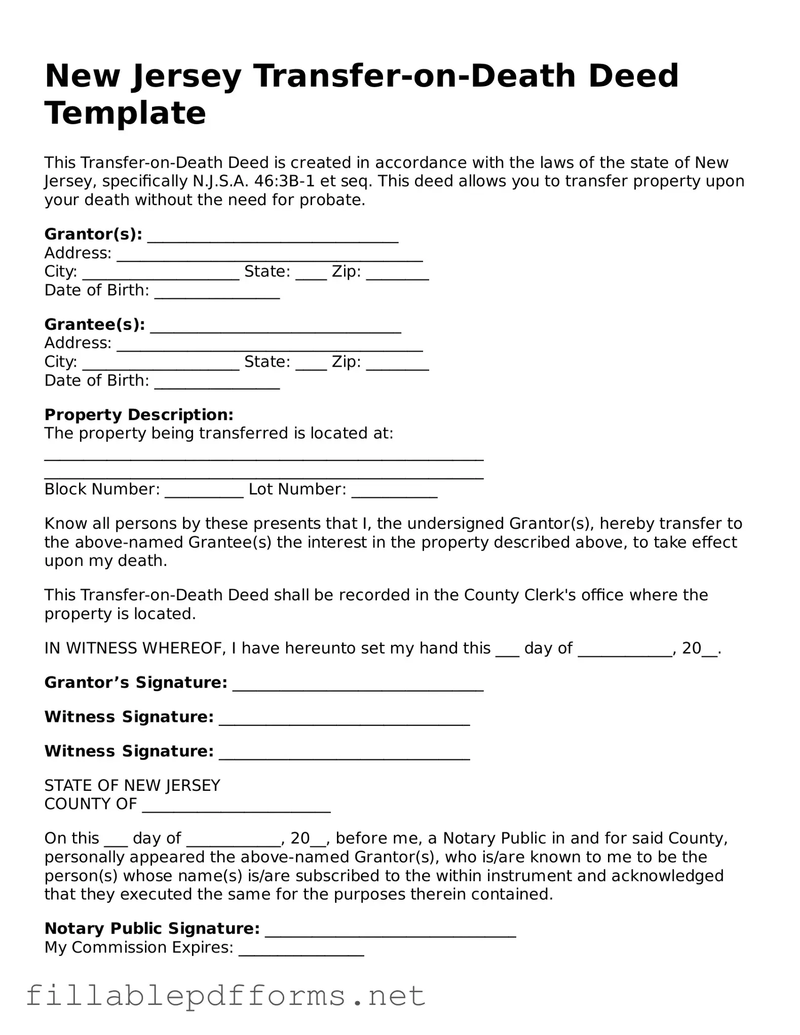 Attorney-Verified Transfer-on-Death Deed Form for New Jersey State