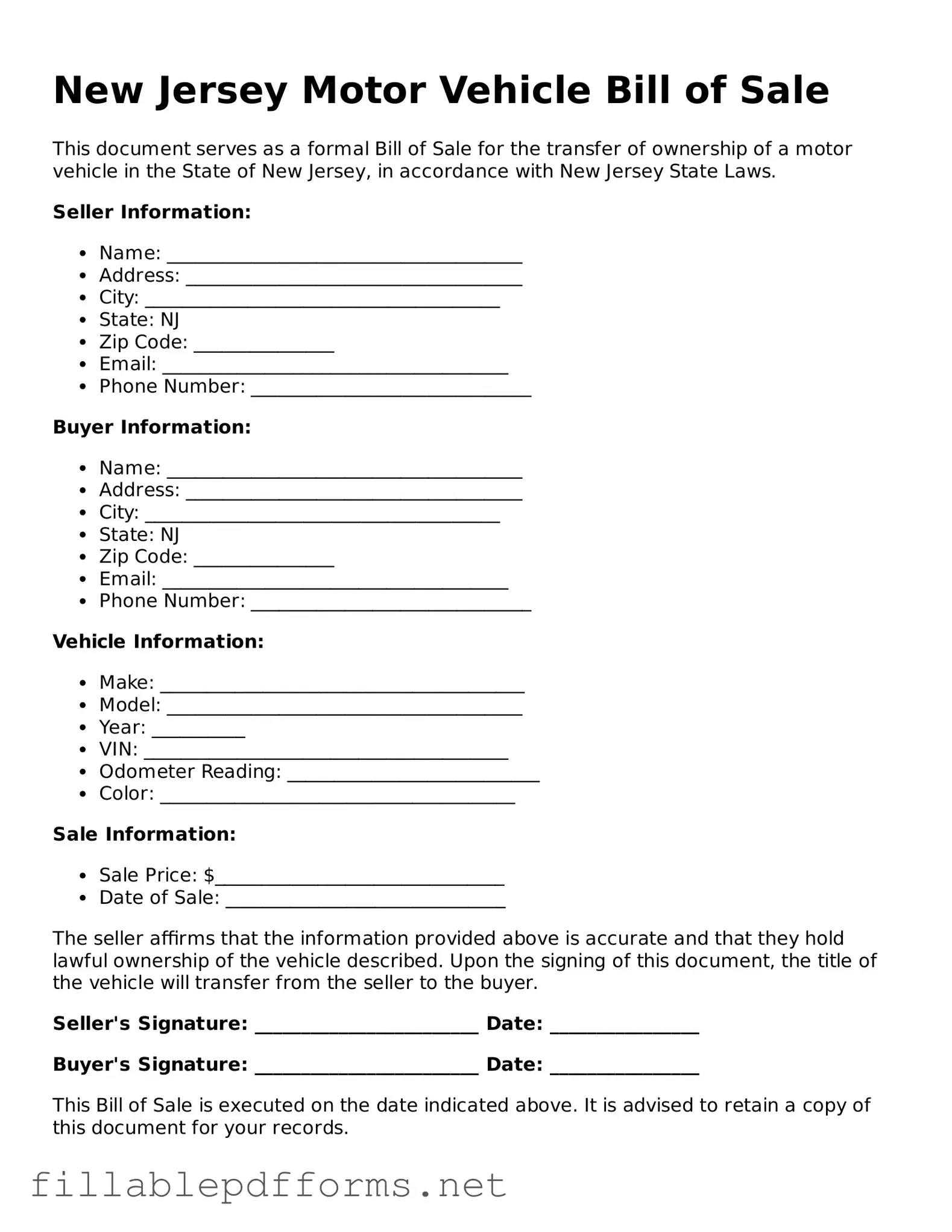 Attorney-Verified Motor Vehicle Bill of Sale Form for New Jersey State
