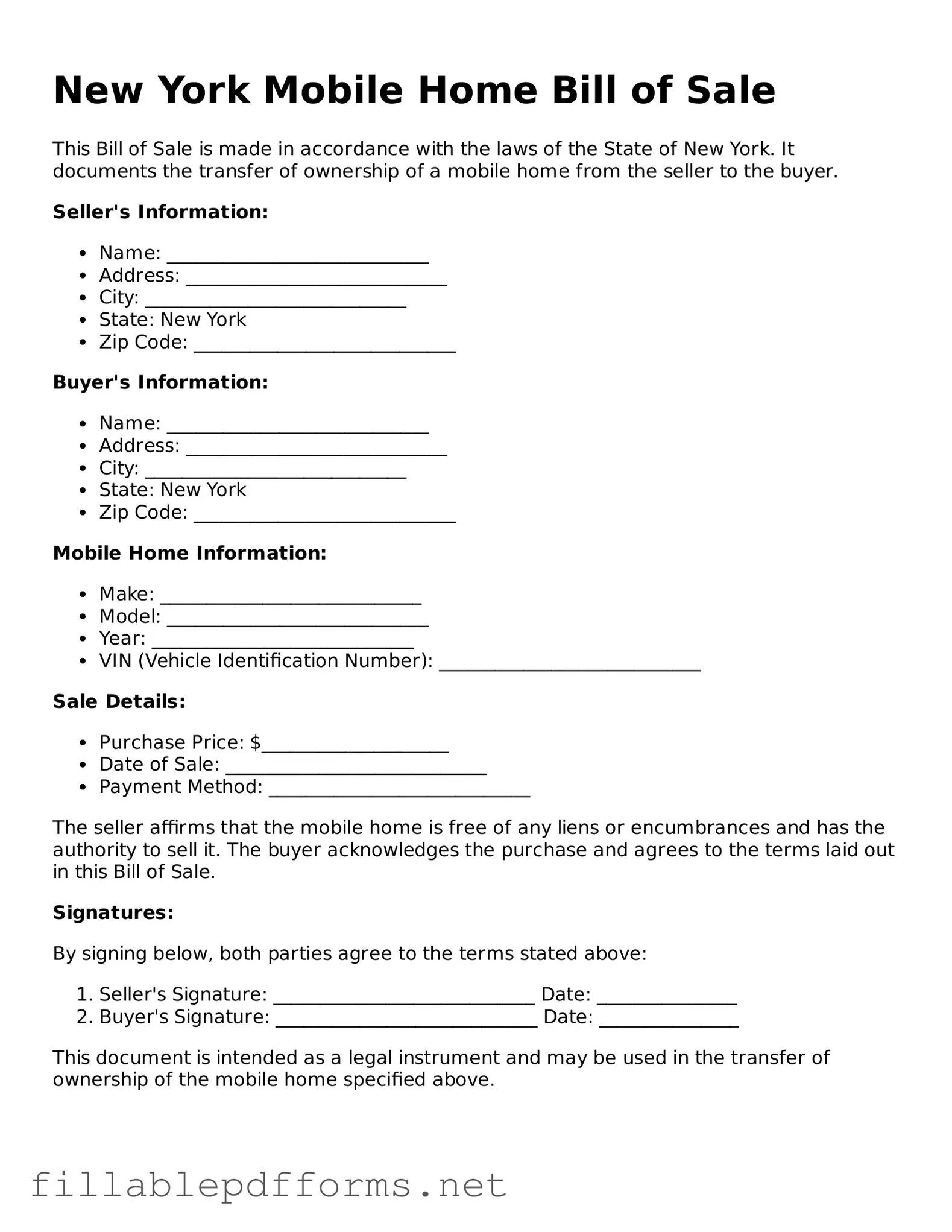 Attorney-Verified Mobile Home Bill of Sale Form for New York State