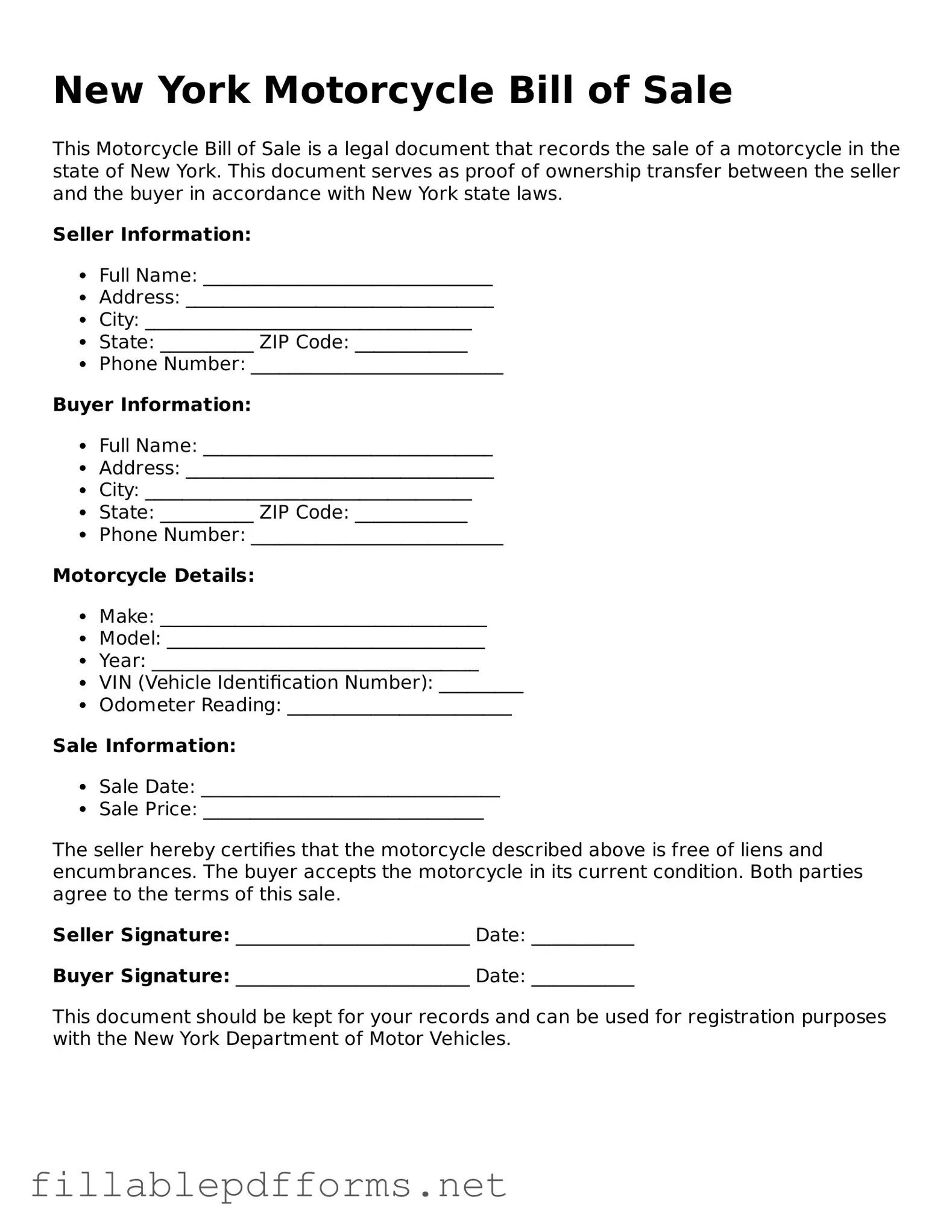 Attorney-Verified Motorcycle Bill of Sale Form for New York State