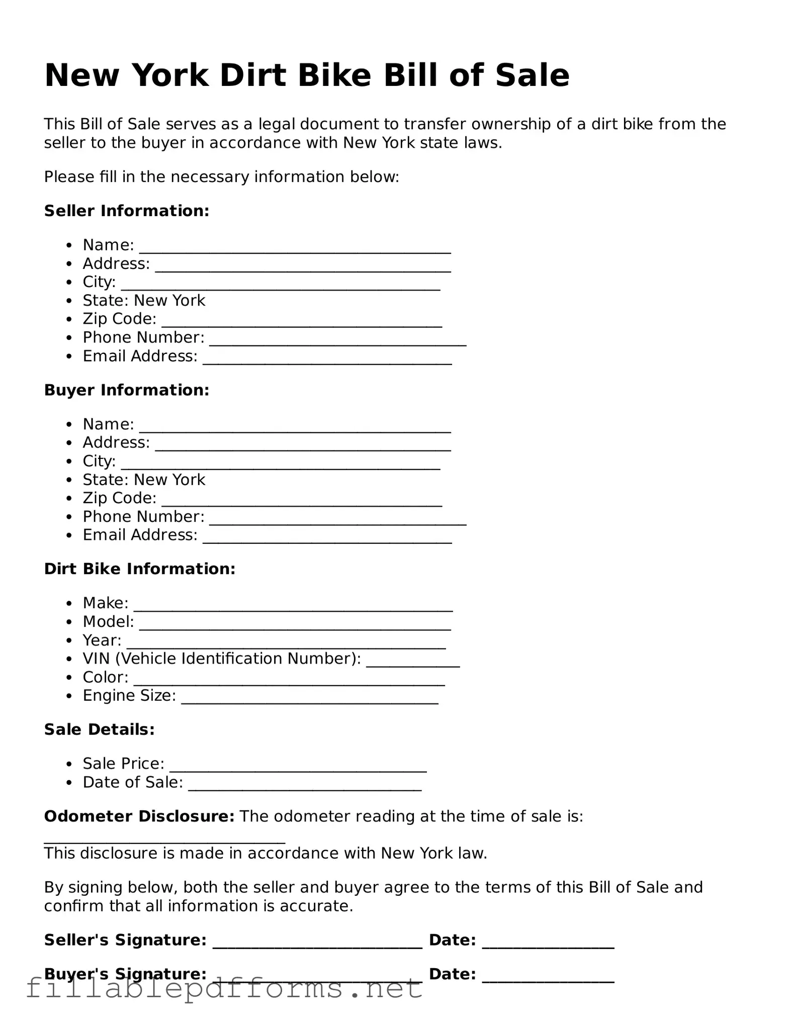 Attorney-Verified Dirt Bike Bill of Sale Form for New York State