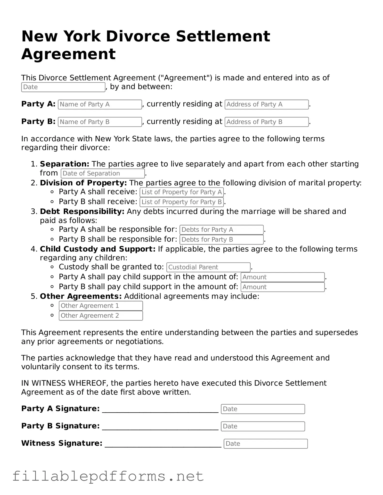Attorney-Verified Divorce Settlement Agreement Form for New York State