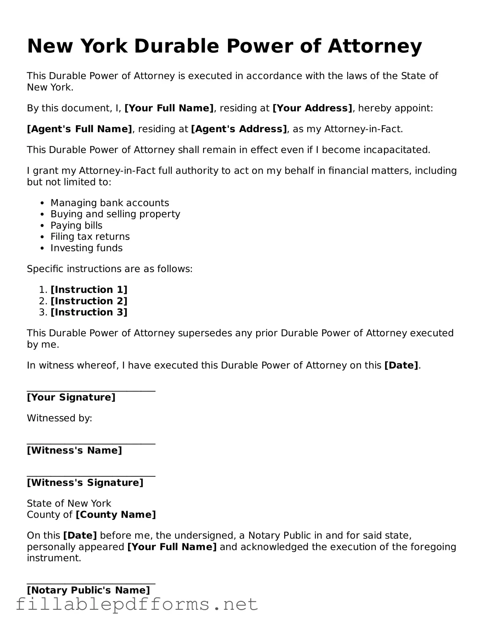 Attorney-Verified Durable Power of Attorney Form for New York State