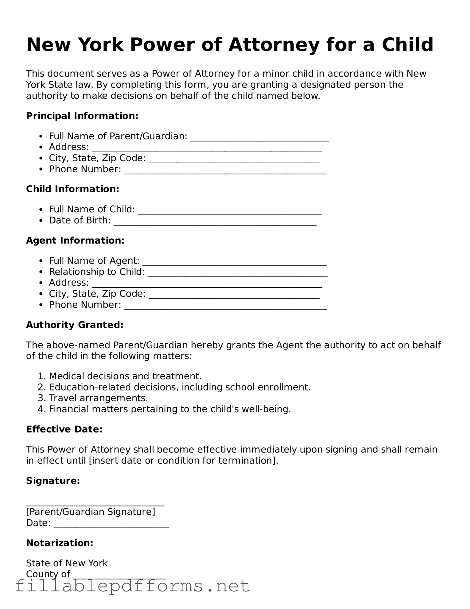 Attorney-Verified Power of Attorney for a Child Form for New York State