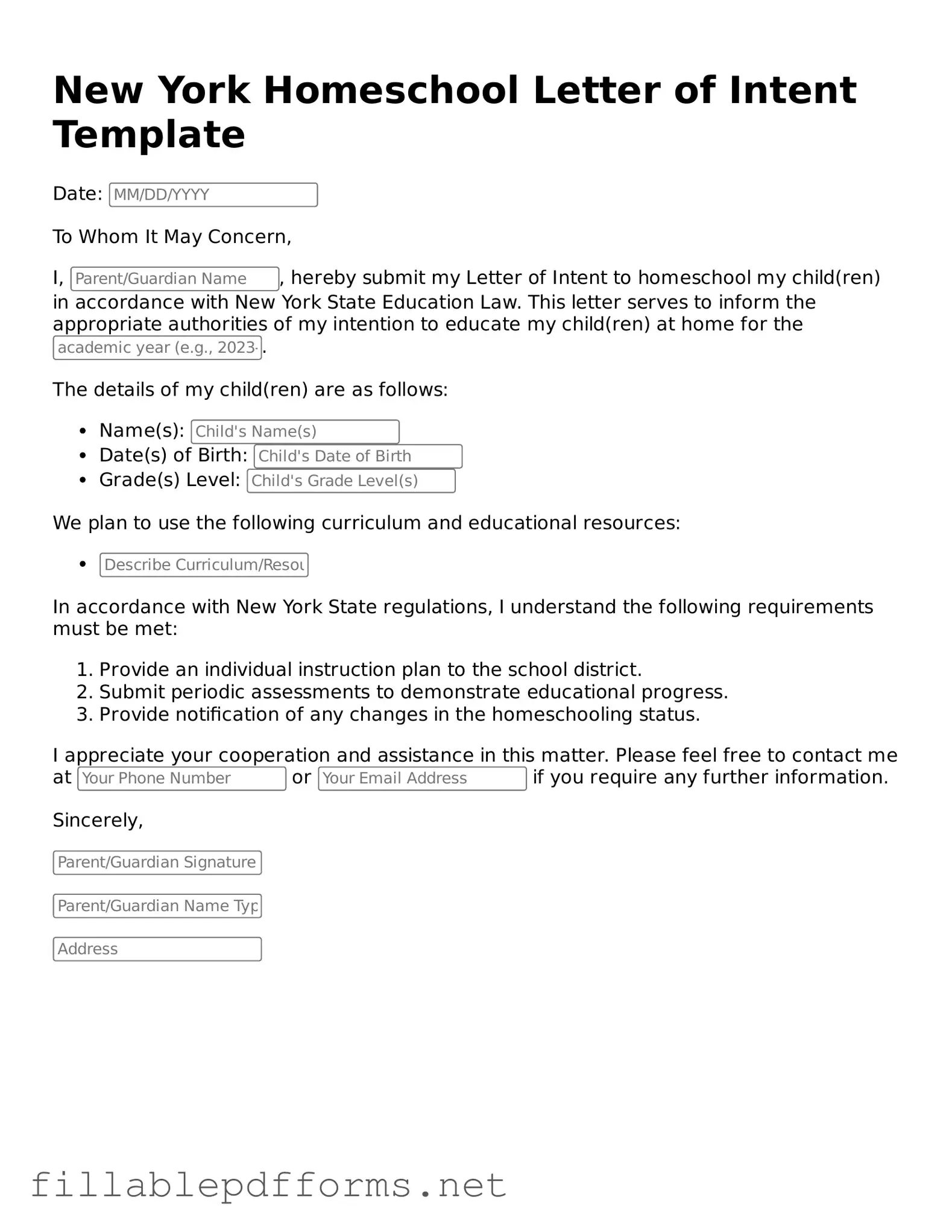 Attorney-Verified Homeschool Letter of Intent Form for New York State