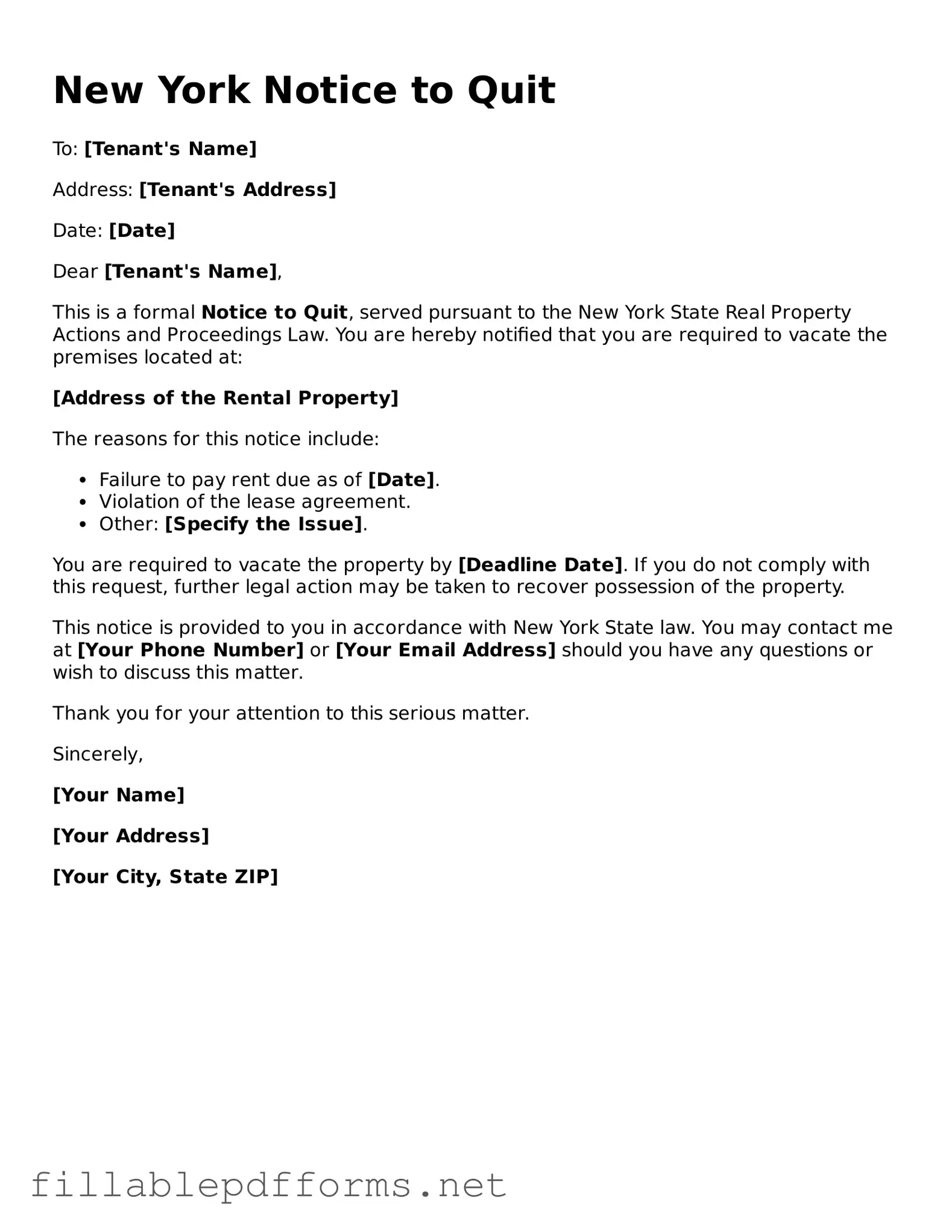 Attorney-Verified Notice to Quit Form for New York State