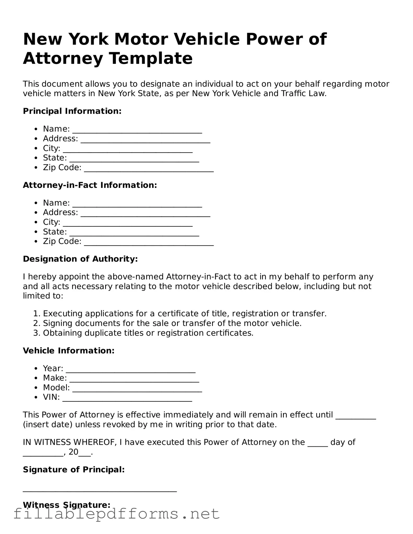 Attorney-Verified Motor Vehicle Power of Attorney Form for New York State