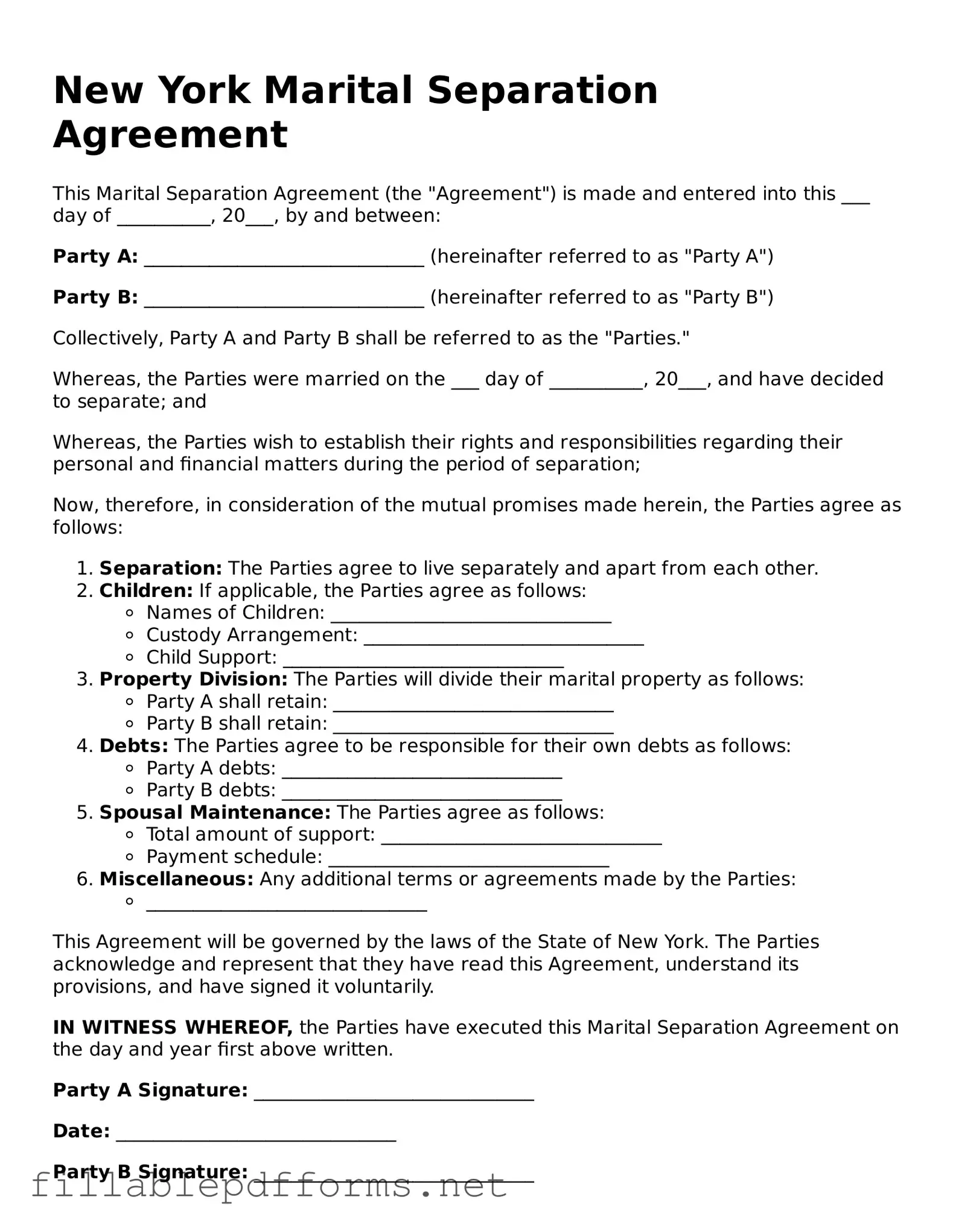 Attorney-Verified Marital Separation Agreement Form for New York State