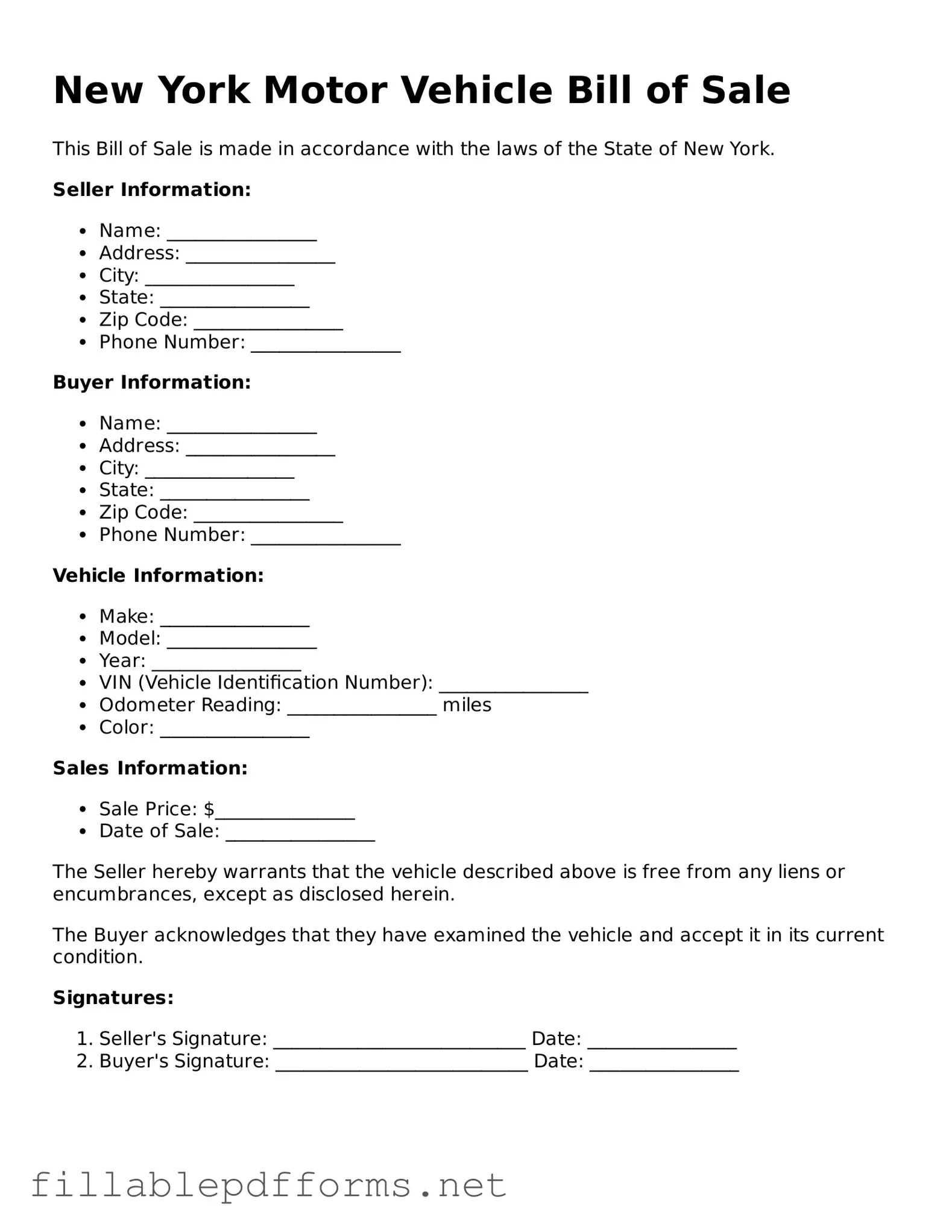 Attorney-Verified Motor Vehicle Bill of Sale Form for New York State