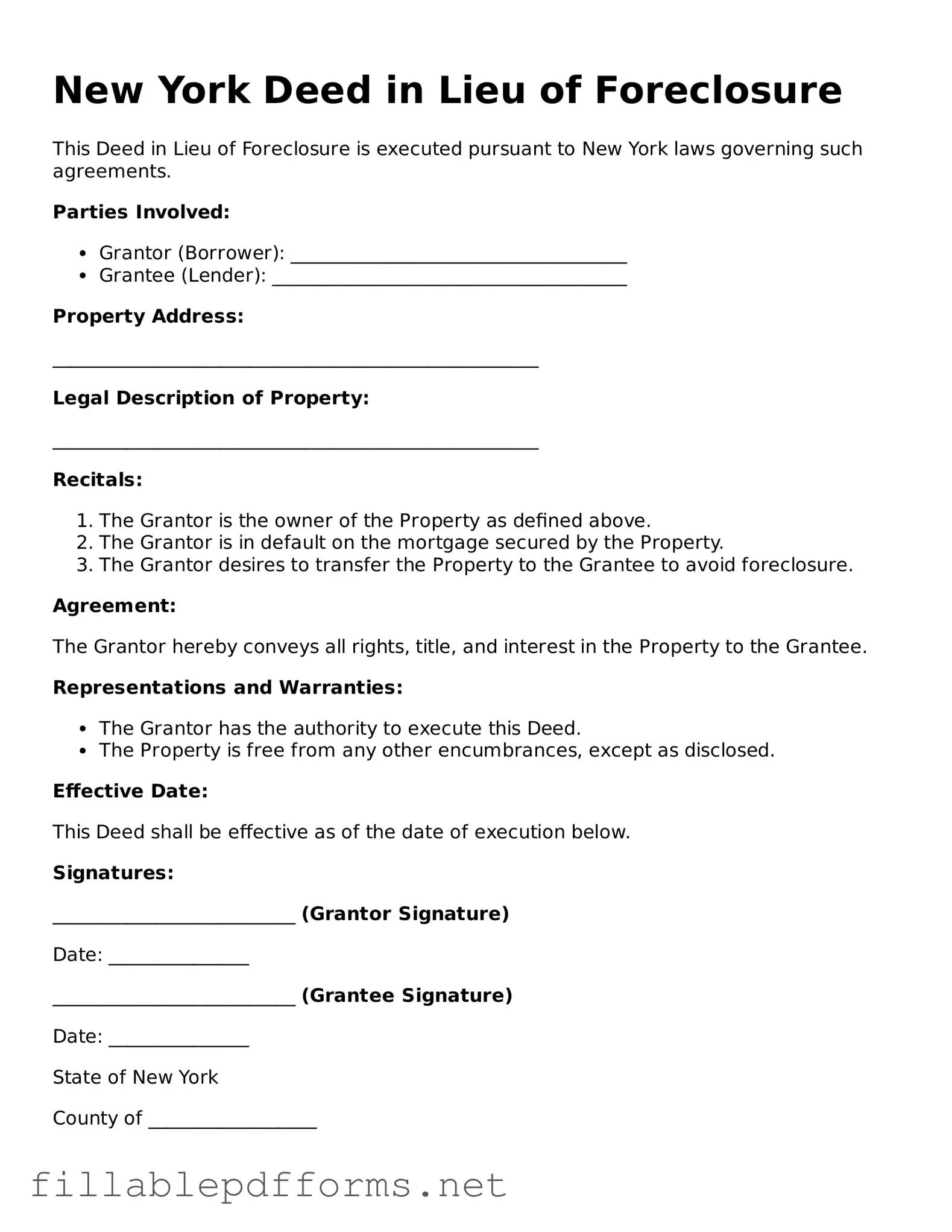 Attorney-Verified Deed in Lieu of Foreclosure Form for New York State