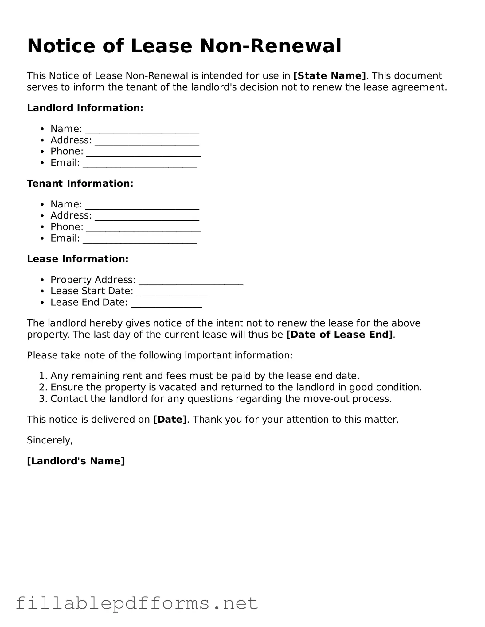 Blank Notice of Lease Non-Renewal Template