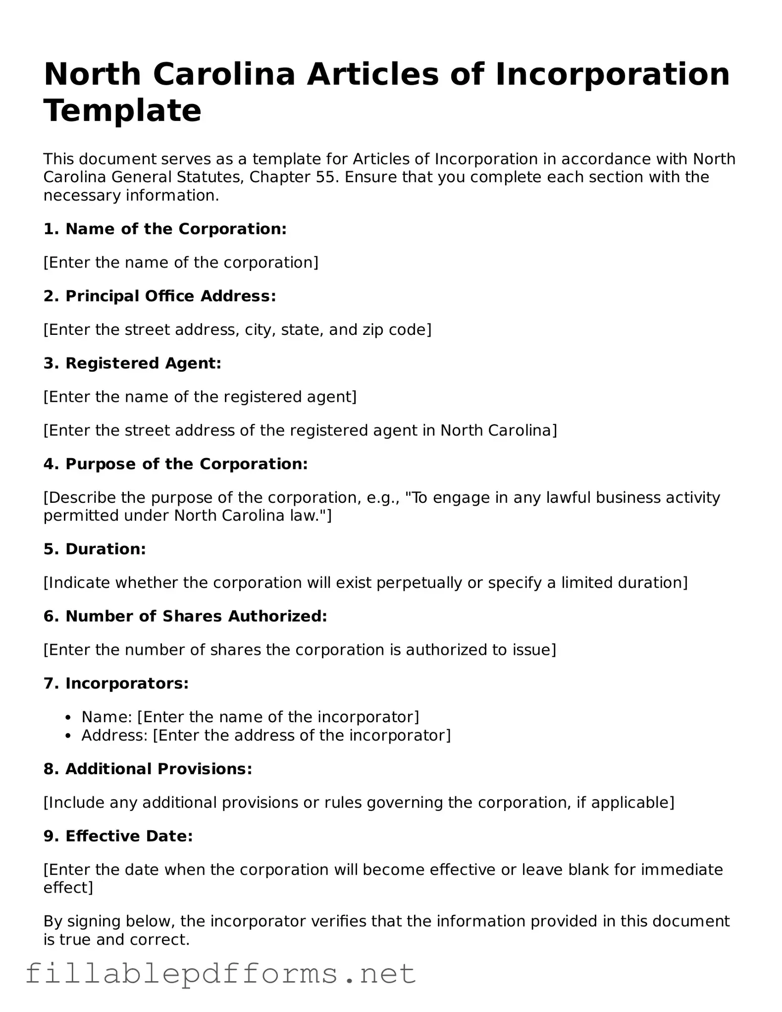 Attorney-Verified Articles of Incorporation Form for North Carolina State