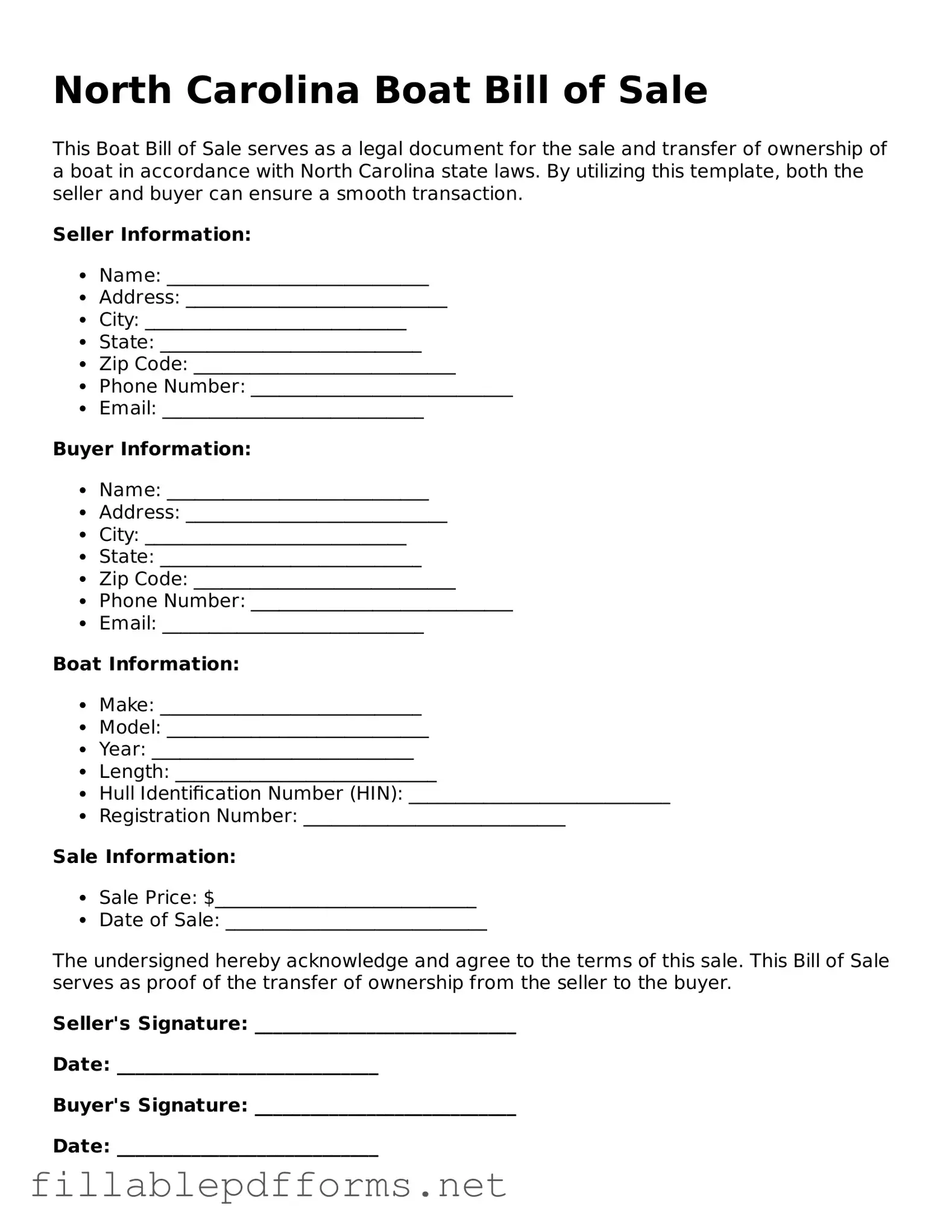 Attorney-Verified Boat Bill of Sale Form for North Carolina State