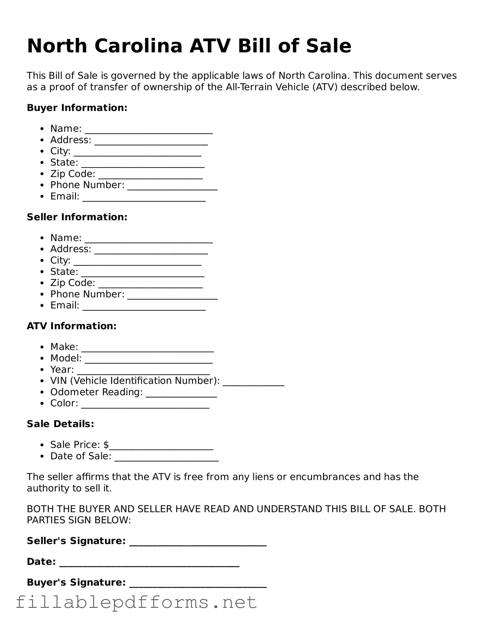 Attorney-Verified ATV Bill of Sale Form for North Carolina State