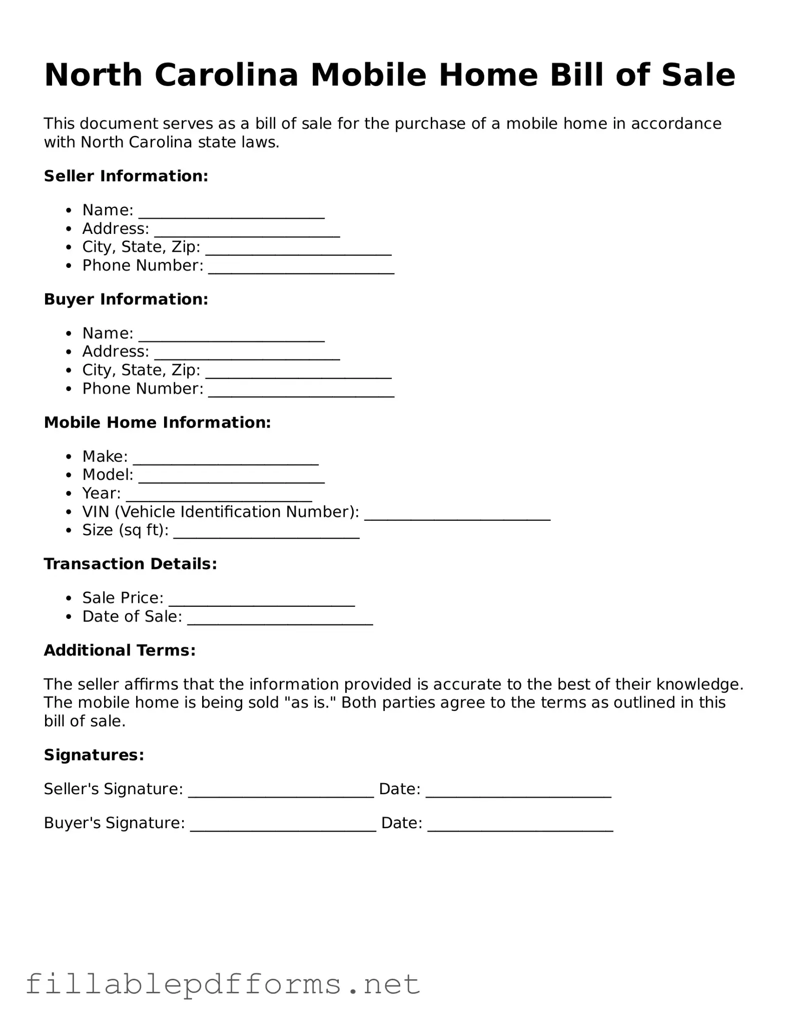 Attorney-Verified Mobile Home Bill of Sale Form for North Carolina State