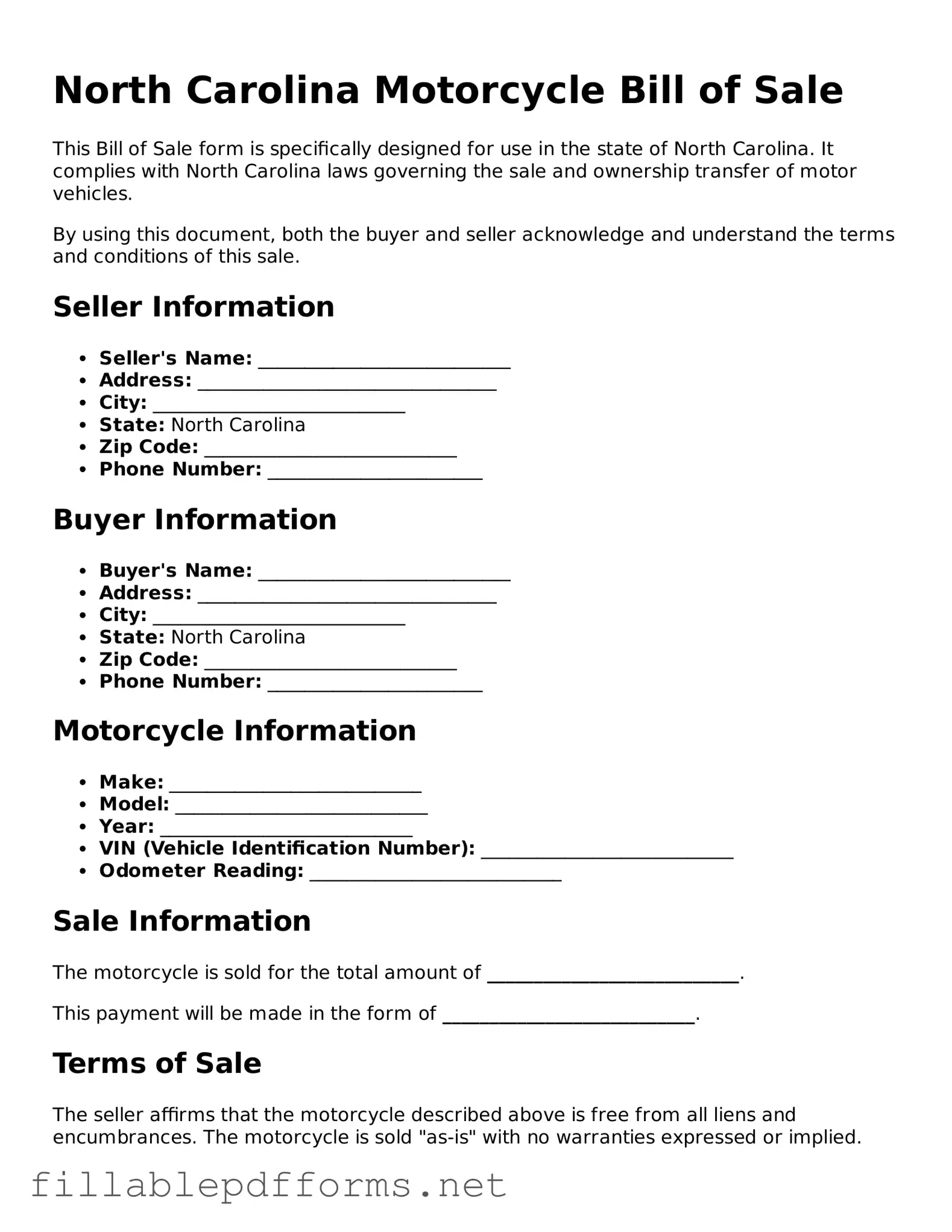 Attorney-Verified Motorcycle Bill of Sale Form for North Carolina State