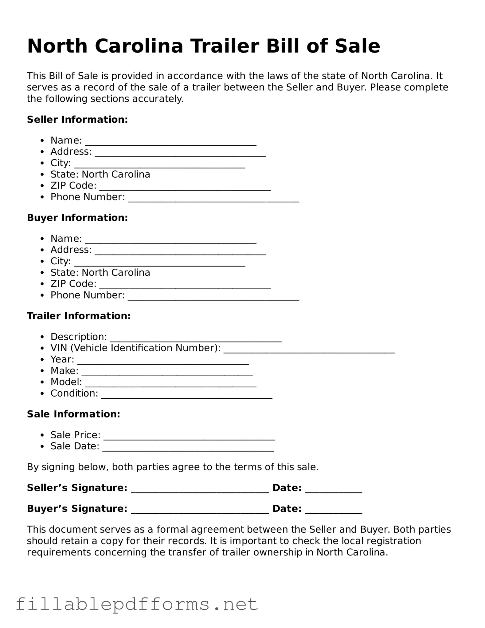 Attorney-Verified Trailer Bill of Sale Form for North Carolina State