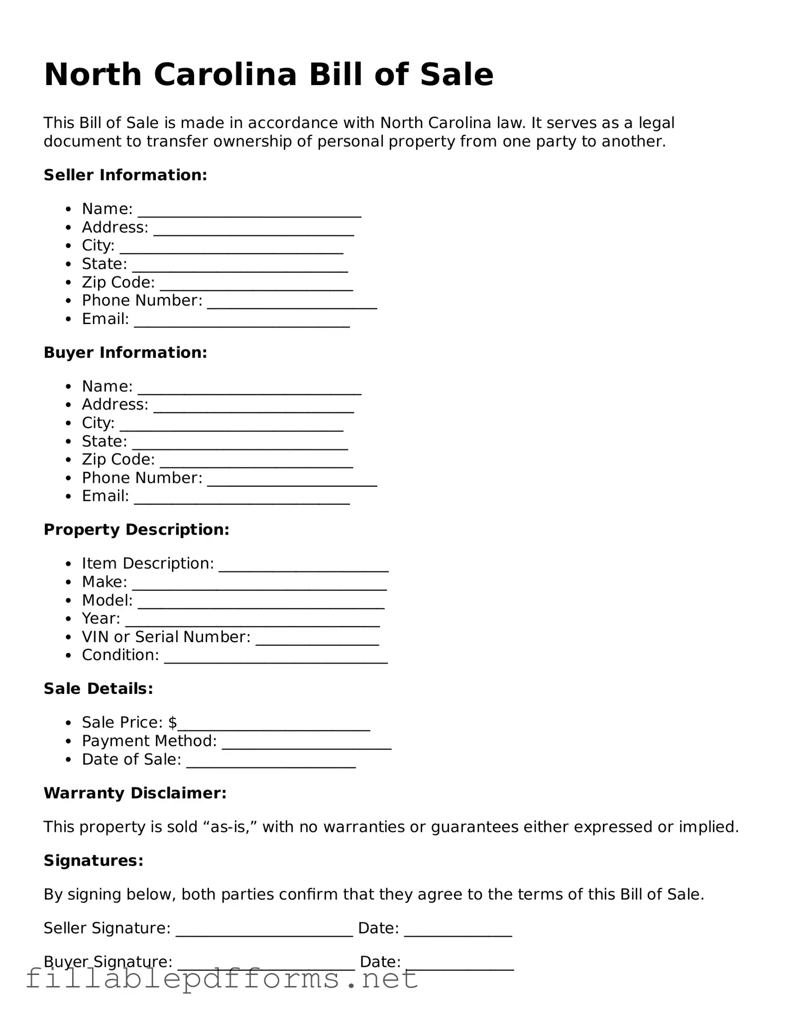 Attorney-Verified Bill of Sale Form for North Carolina State