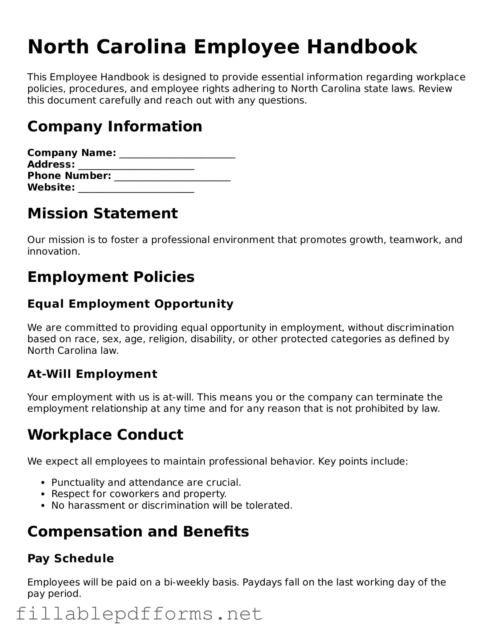 Attorney-Verified Employee Handbook Form for North Carolina State