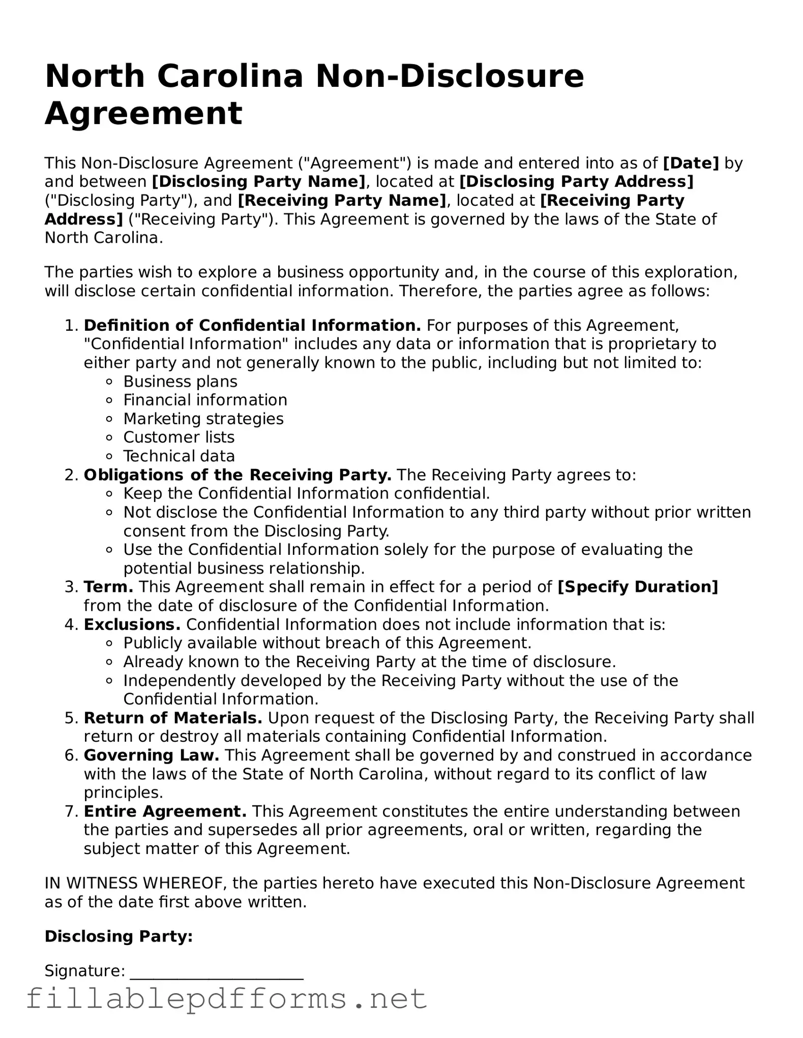 Attorney-Verified Non-disclosure Agreement Form for North Carolina State