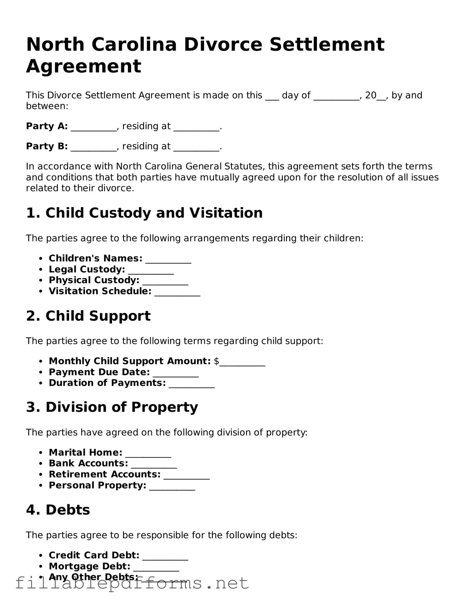 Attorney-Verified Divorce Settlement Agreement Form for North Carolina State