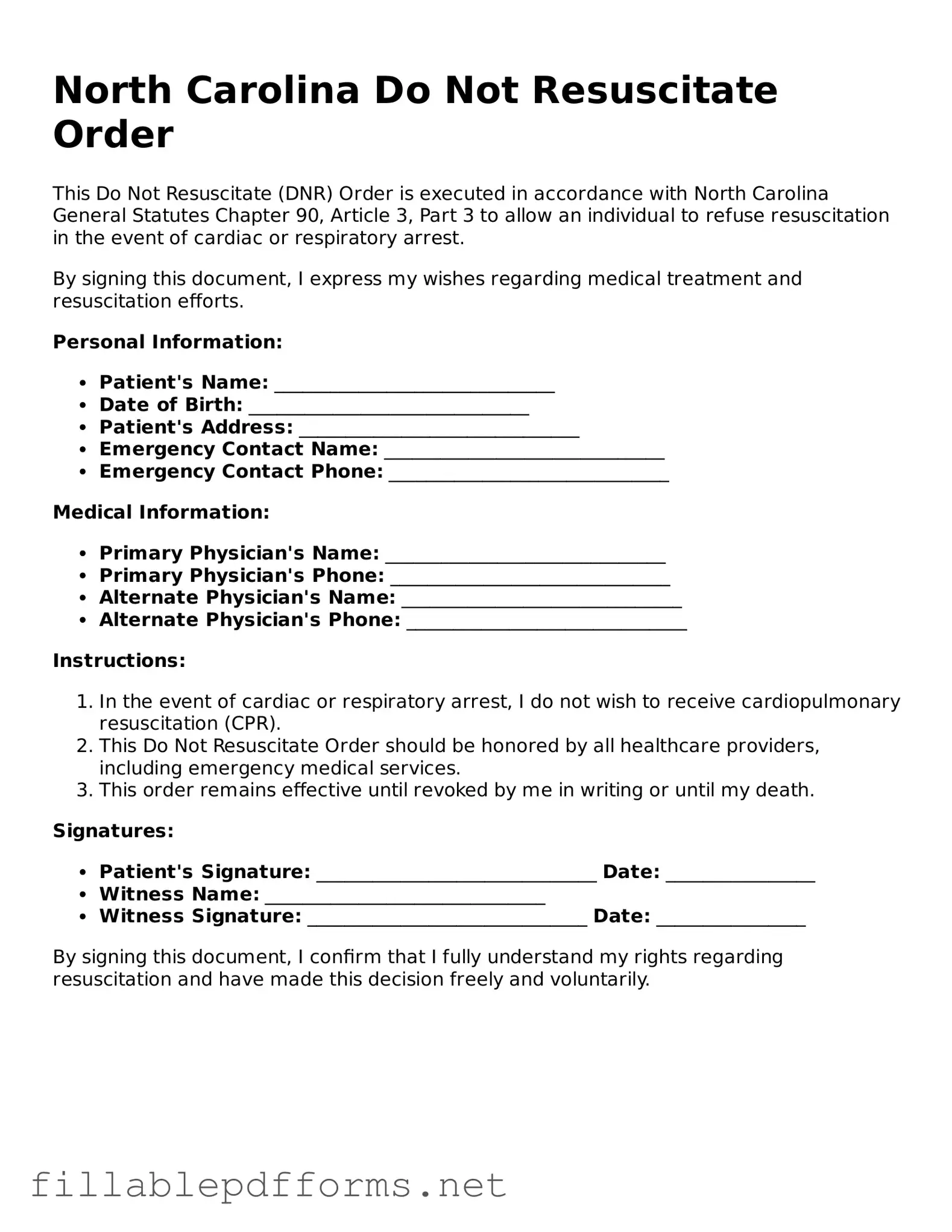 Attorney-Verified Do Not Resuscitate Order Form for North Carolina State