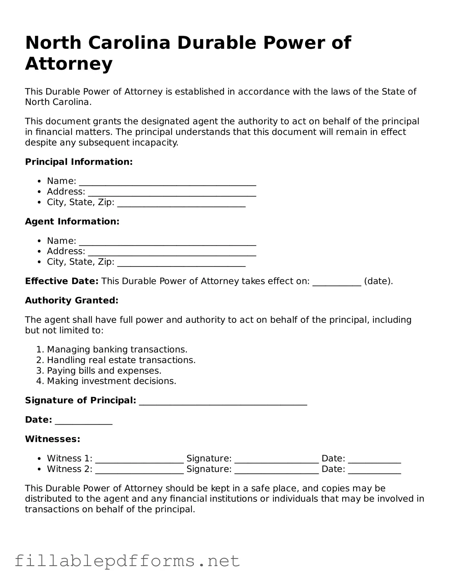 Attorney-Verified Durable Power of Attorney Form for North Carolina State