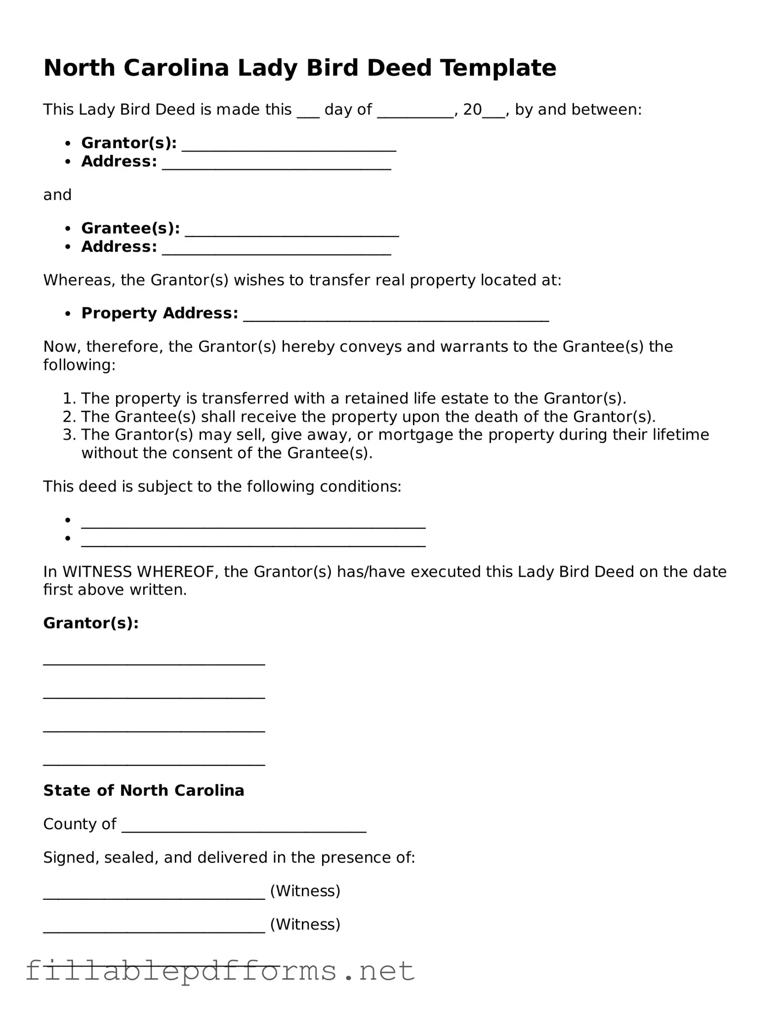 Attorney-Verified Lady Bird Deed Form for North Carolina State