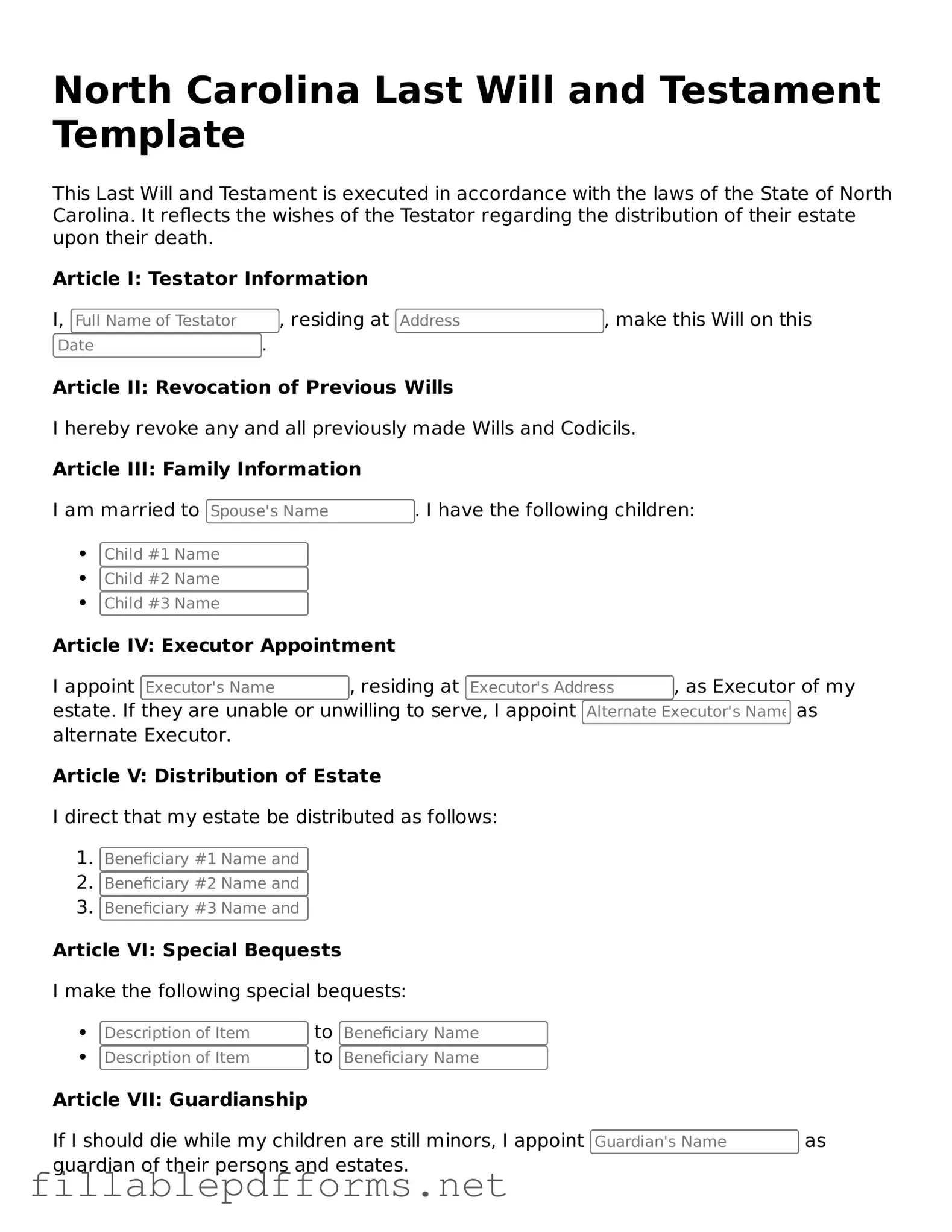Attorney-Verified Last Will and Testament Form for North Carolina State