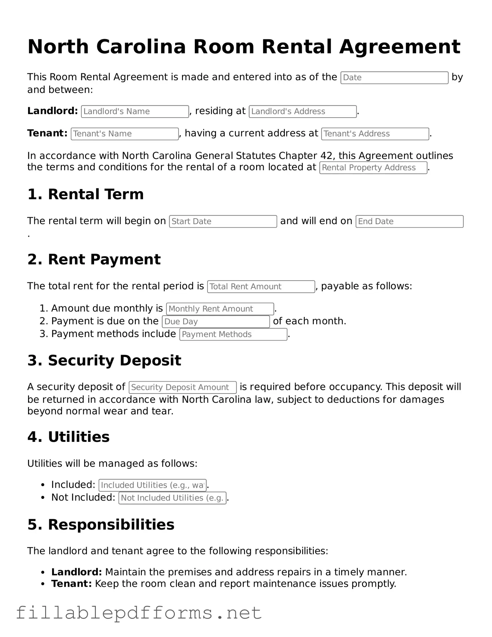Attorney-Verified Room Rental Agreement Form for North Carolina State
