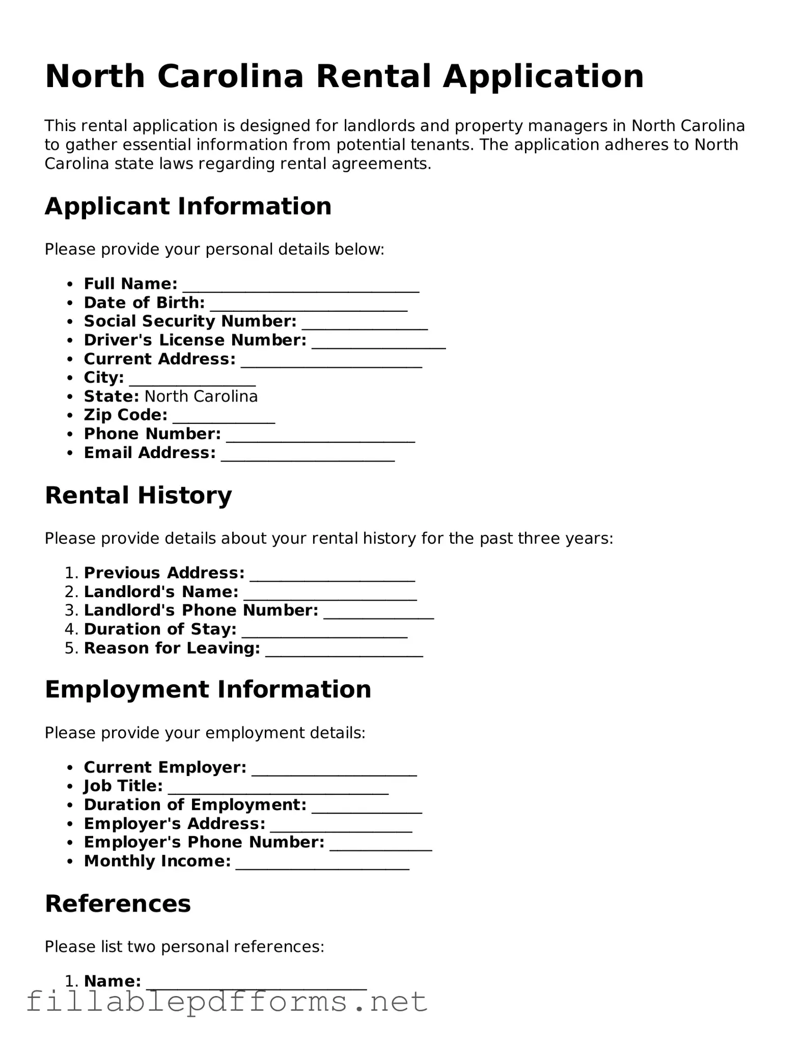 Attorney-Verified Rental Application Form for North Carolina State