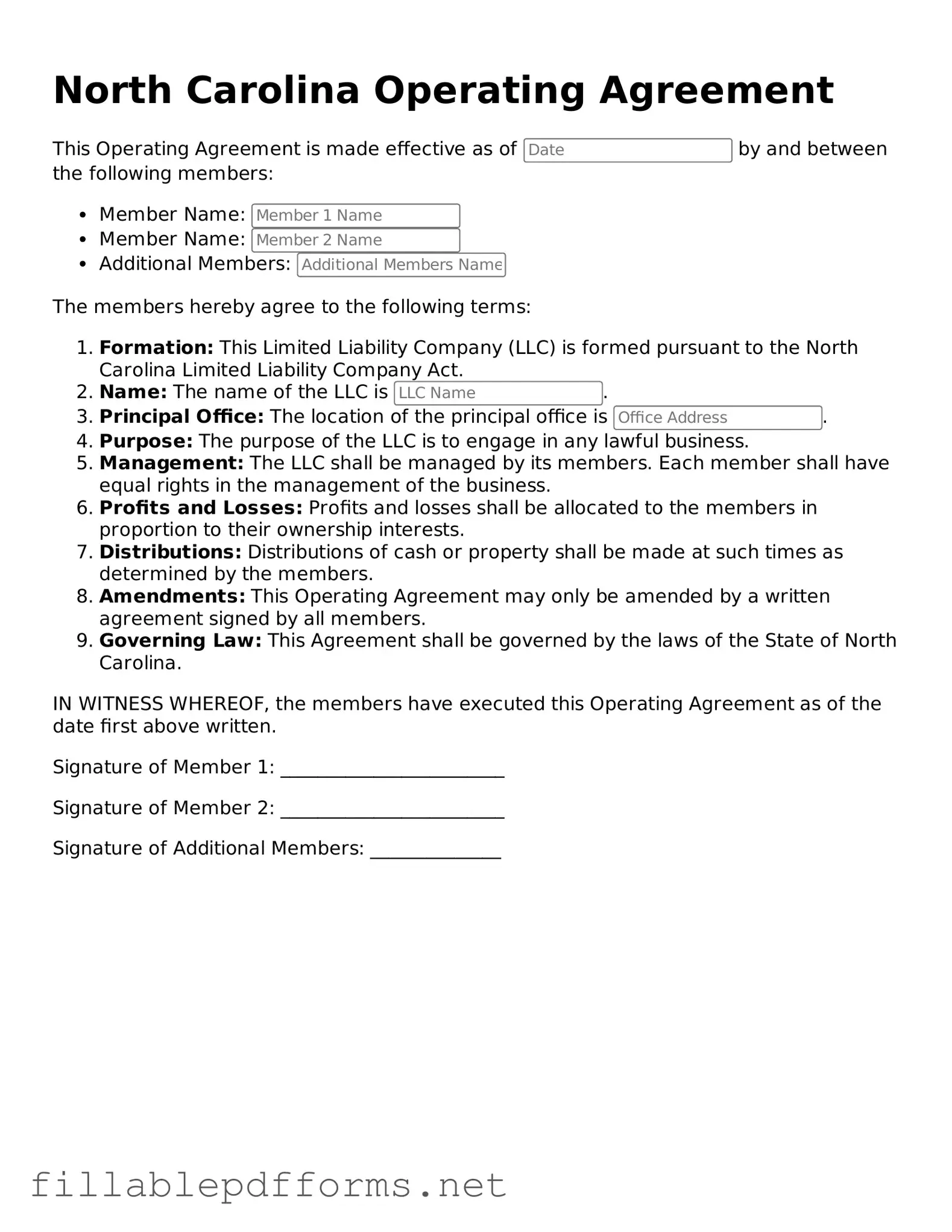 Attorney-Verified Operating Agreement Form for North Carolina State