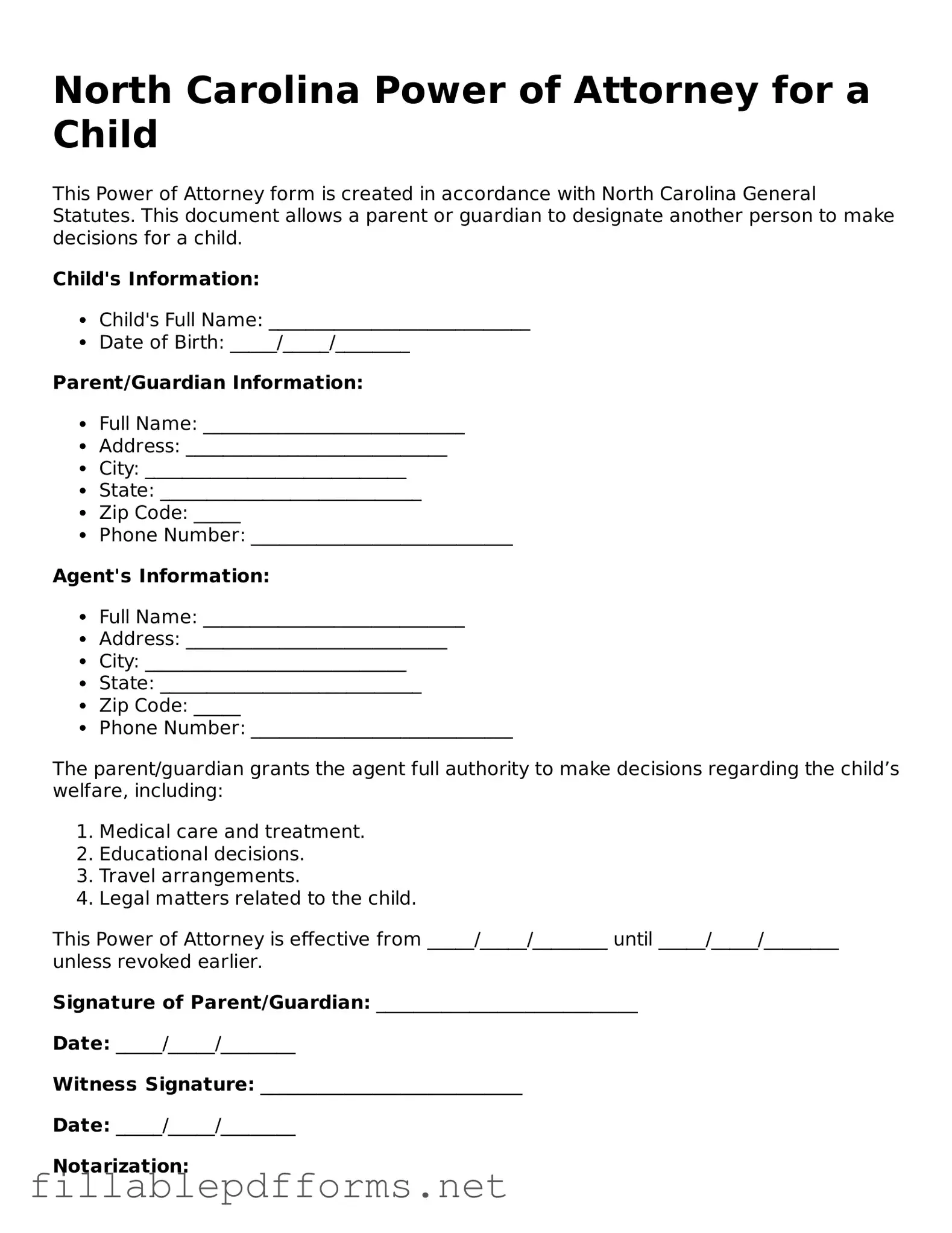 Attorney-Verified Power of Attorney for a Child Form for North Carolina State
