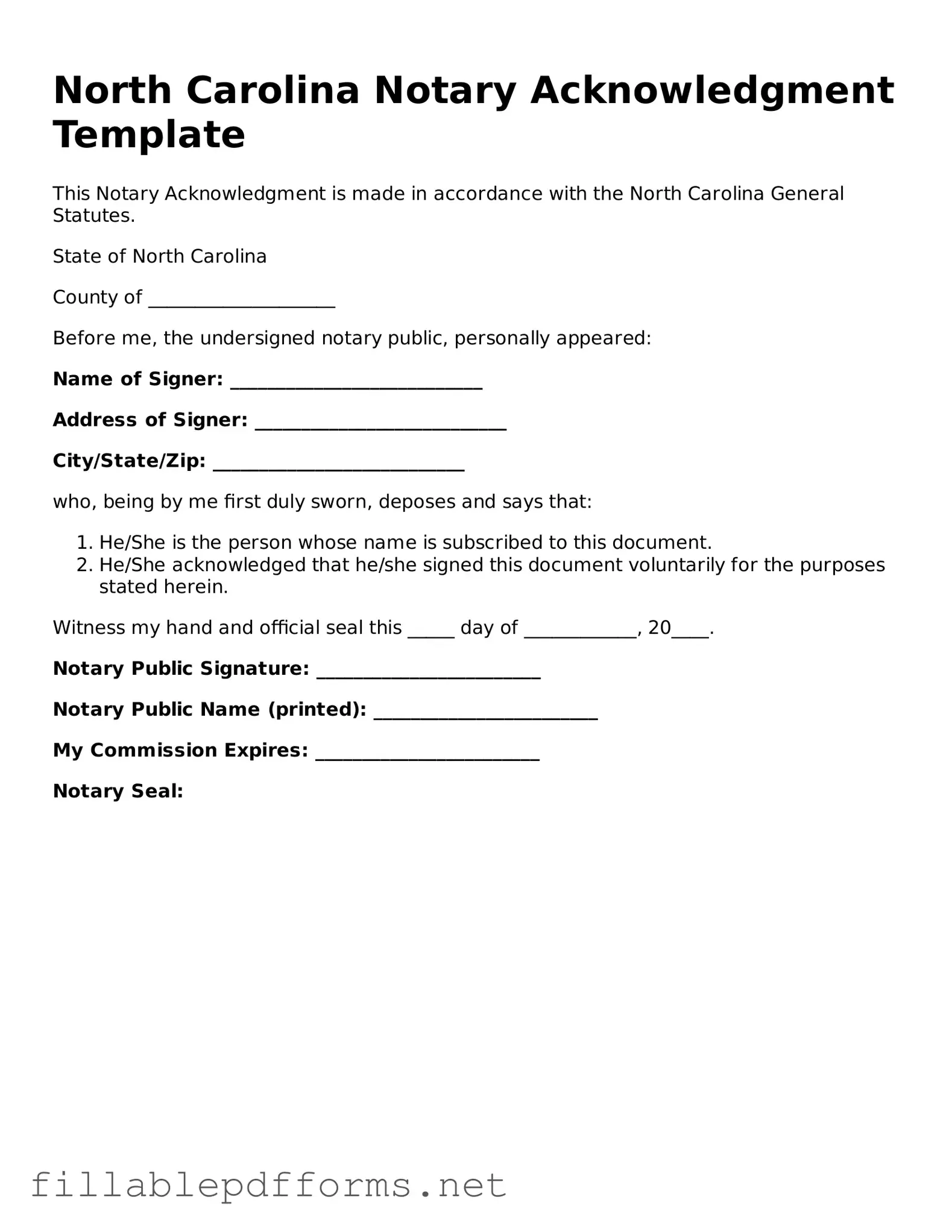 Attorney-Verified Notary Acknowledgement Form for North Carolina State
