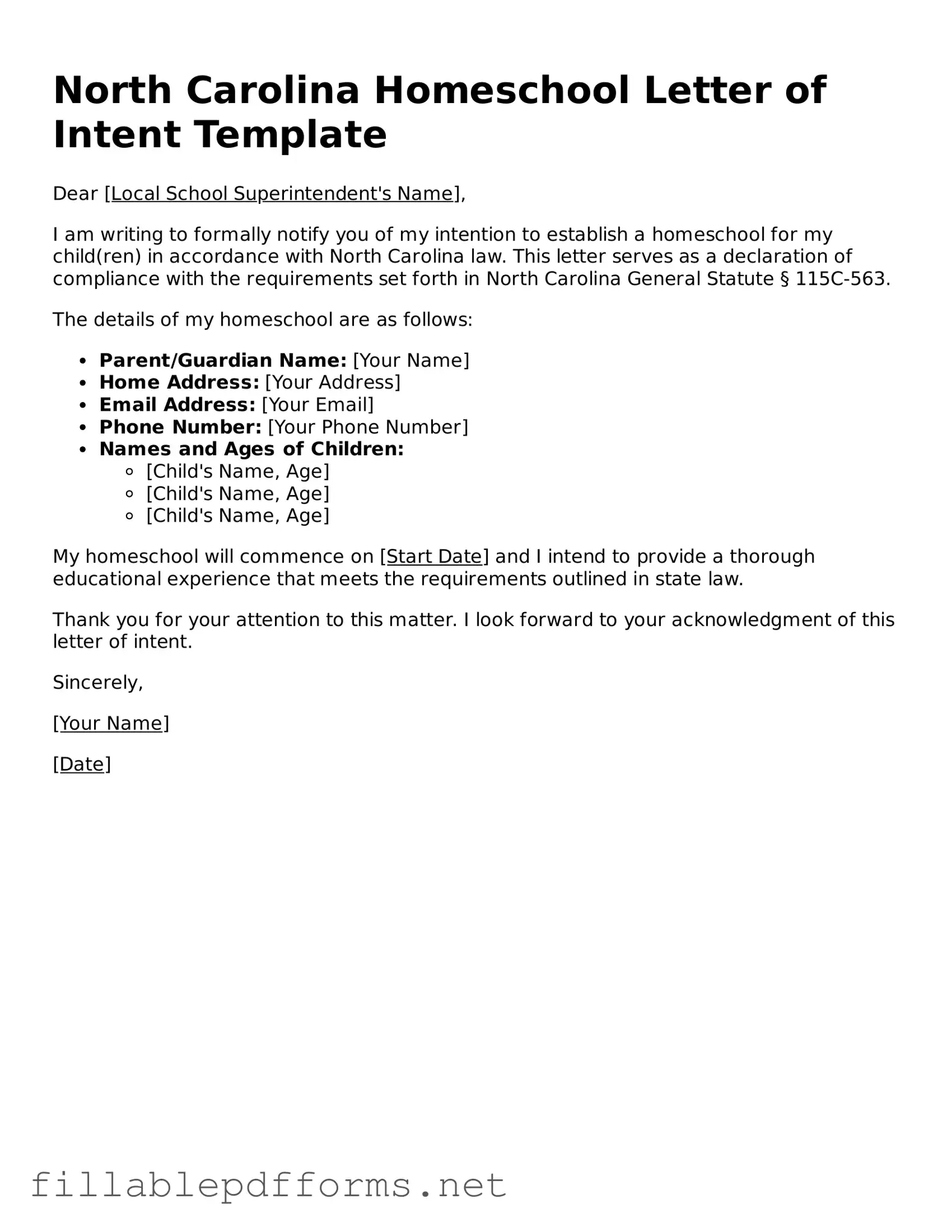 Attorney-Verified Homeschool Letter of Intent Form for North Carolina State