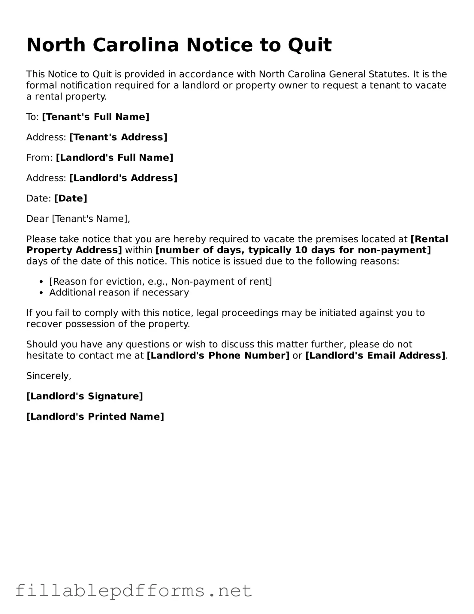 Attorney-Verified Notice to Quit Form for North Carolina State