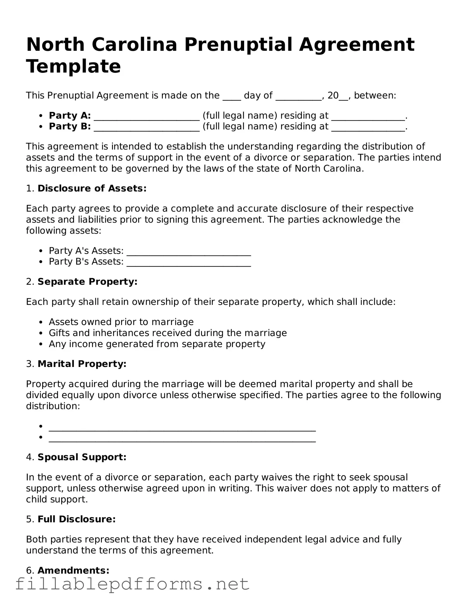 Attorney-Verified Prenuptial Agreement Form for North Carolina State
