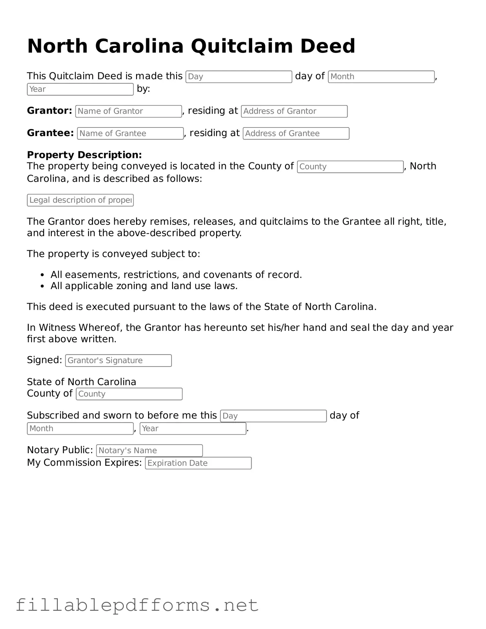 Attorney-Verified Quitclaim Deed Form for North Carolina State