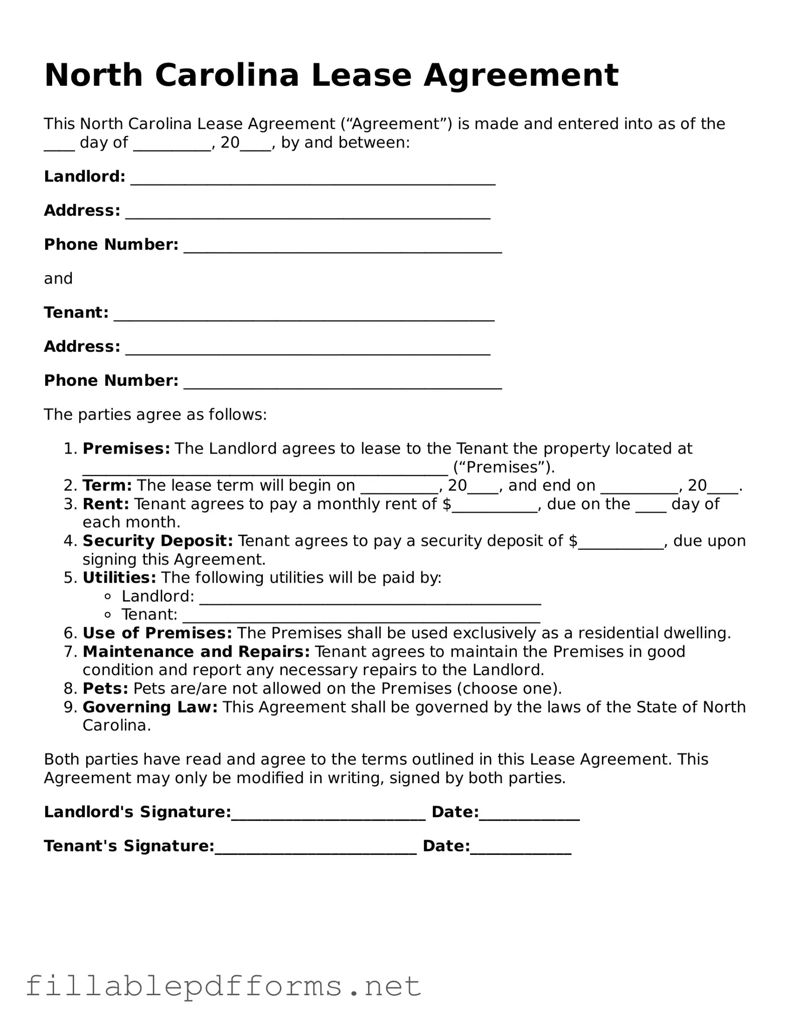 Attorney-Verified Lease Agreement Form for North Carolina State