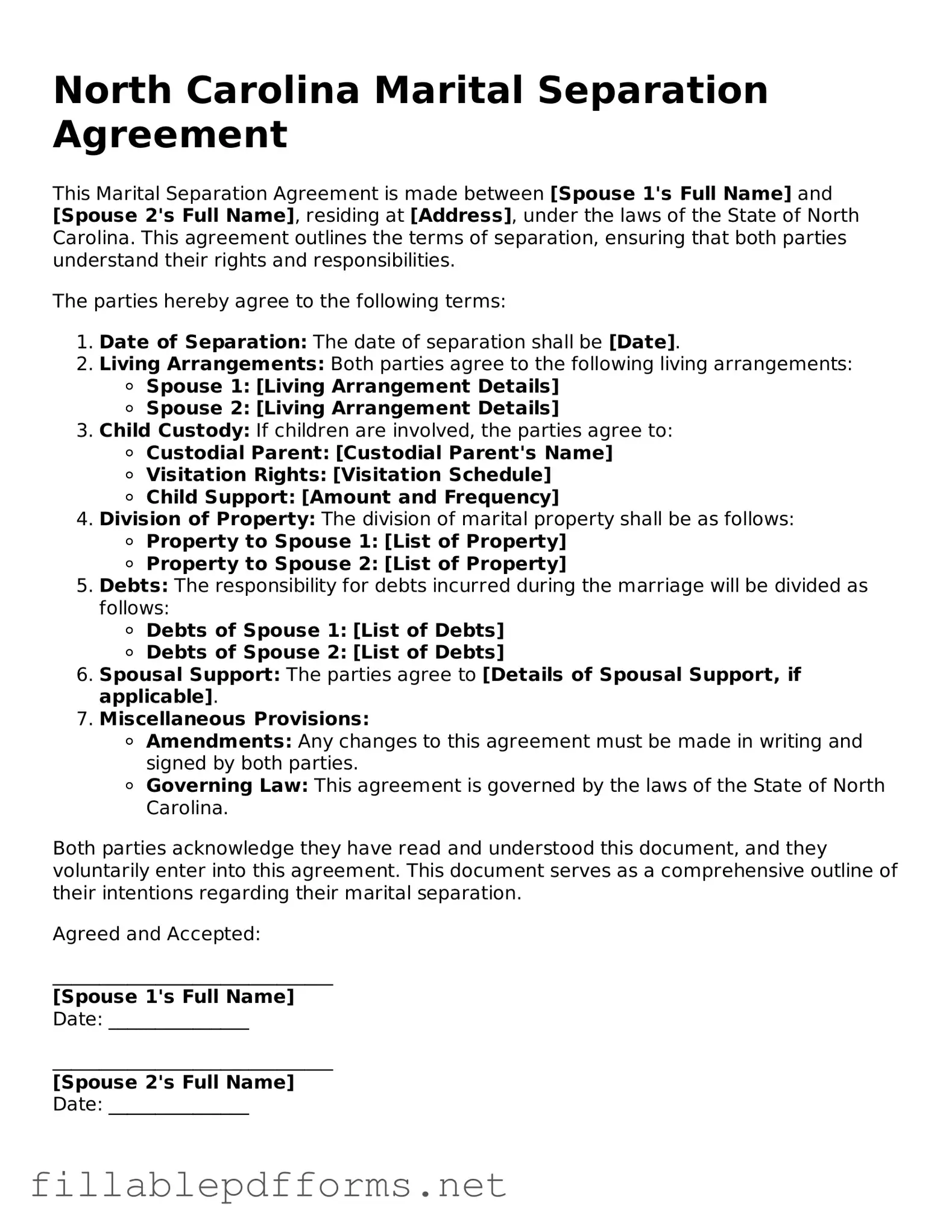 Attorney-Verified Marital Separation Agreement Form for North Carolina State