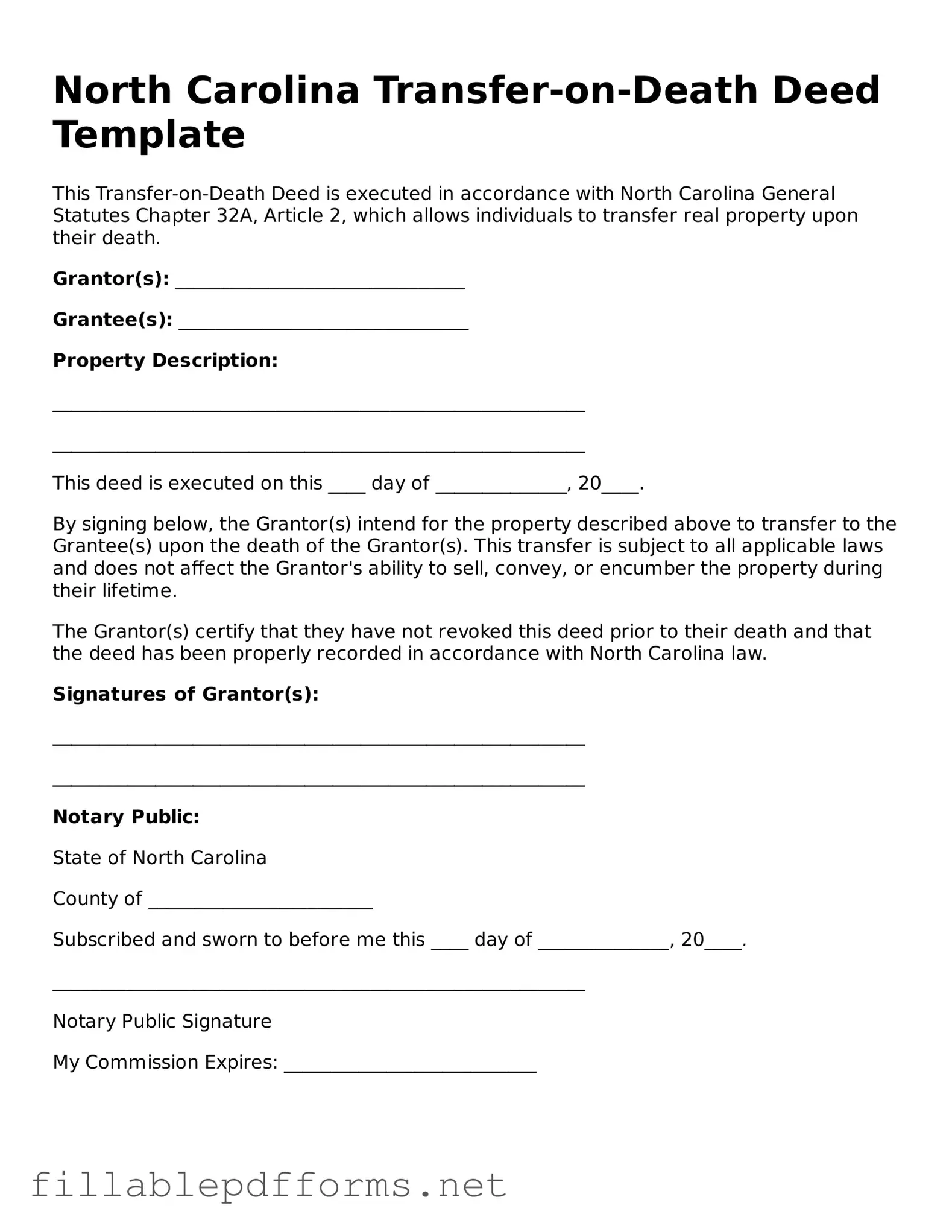 Attorney-Verified Transfer-on-Death Deed Form for North Carolina State