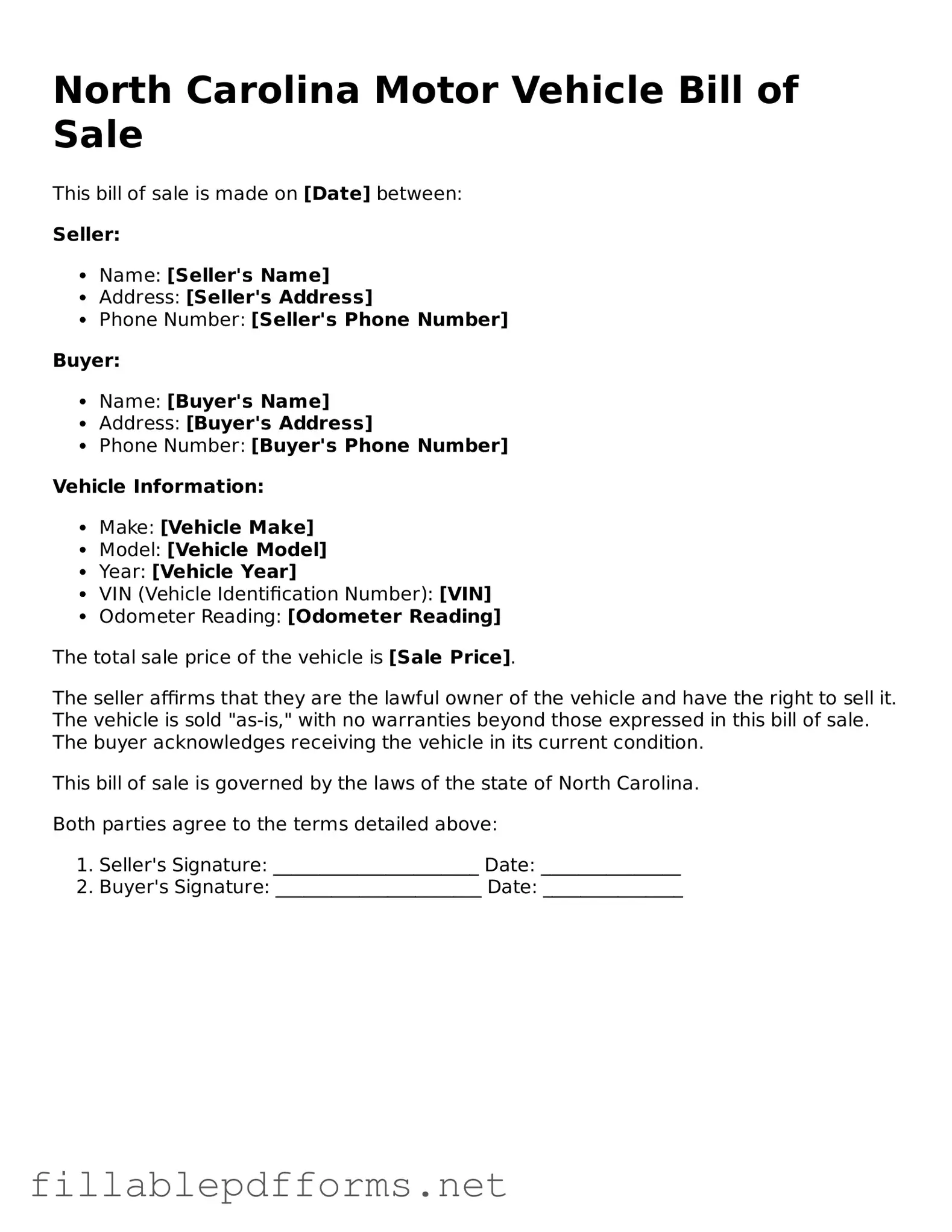 Attorney-Verified Motor Vehicle Bill of Sale Form for North Carolina State