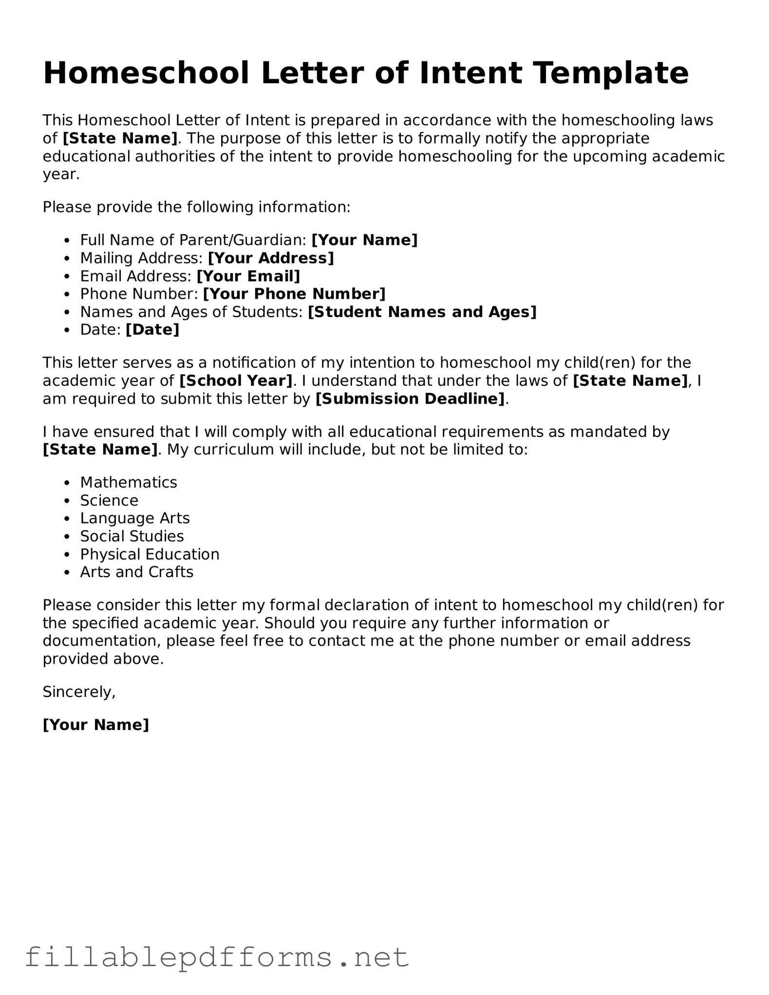 Blank Homeschool Letter of Intent Template