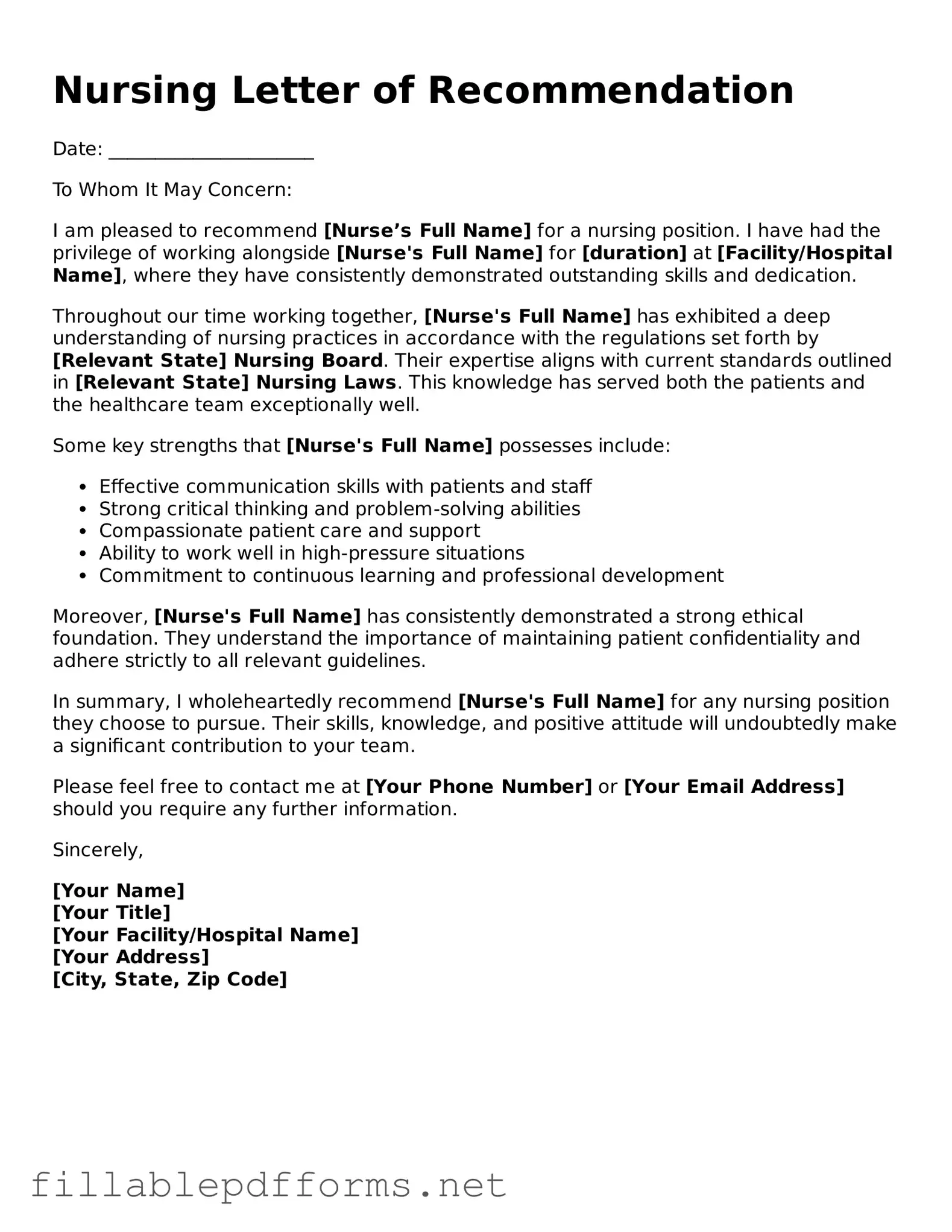 Blank Nursing Letter of Recommendation Template