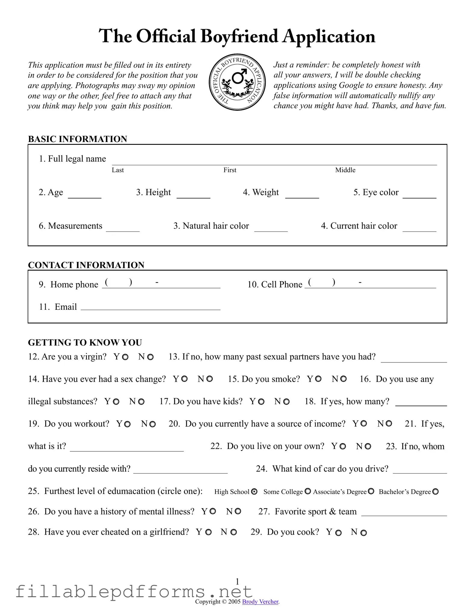 Boyfriend application form PDF Template